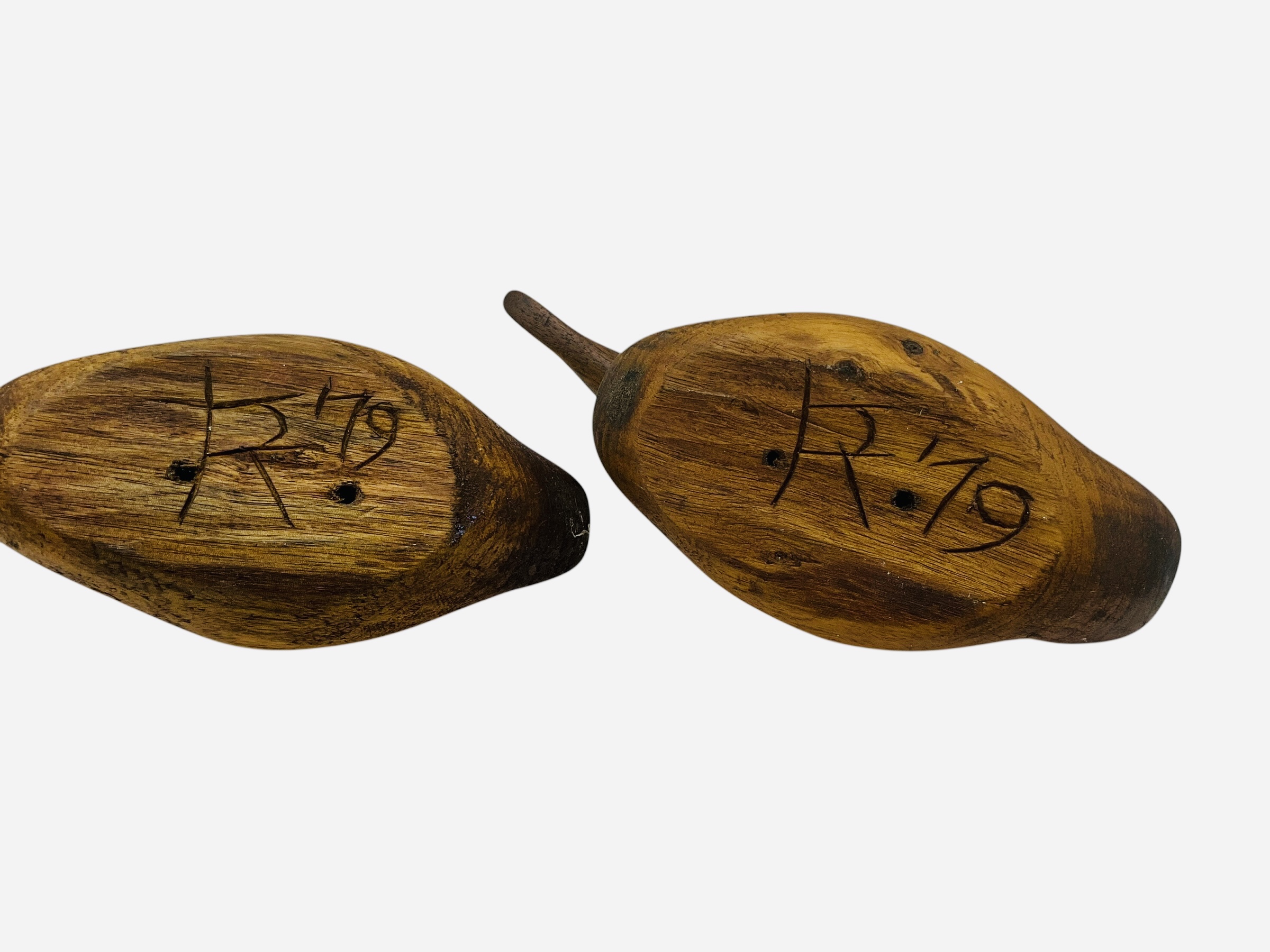 Pair Carved Wooden Ducks Signed On Bottom