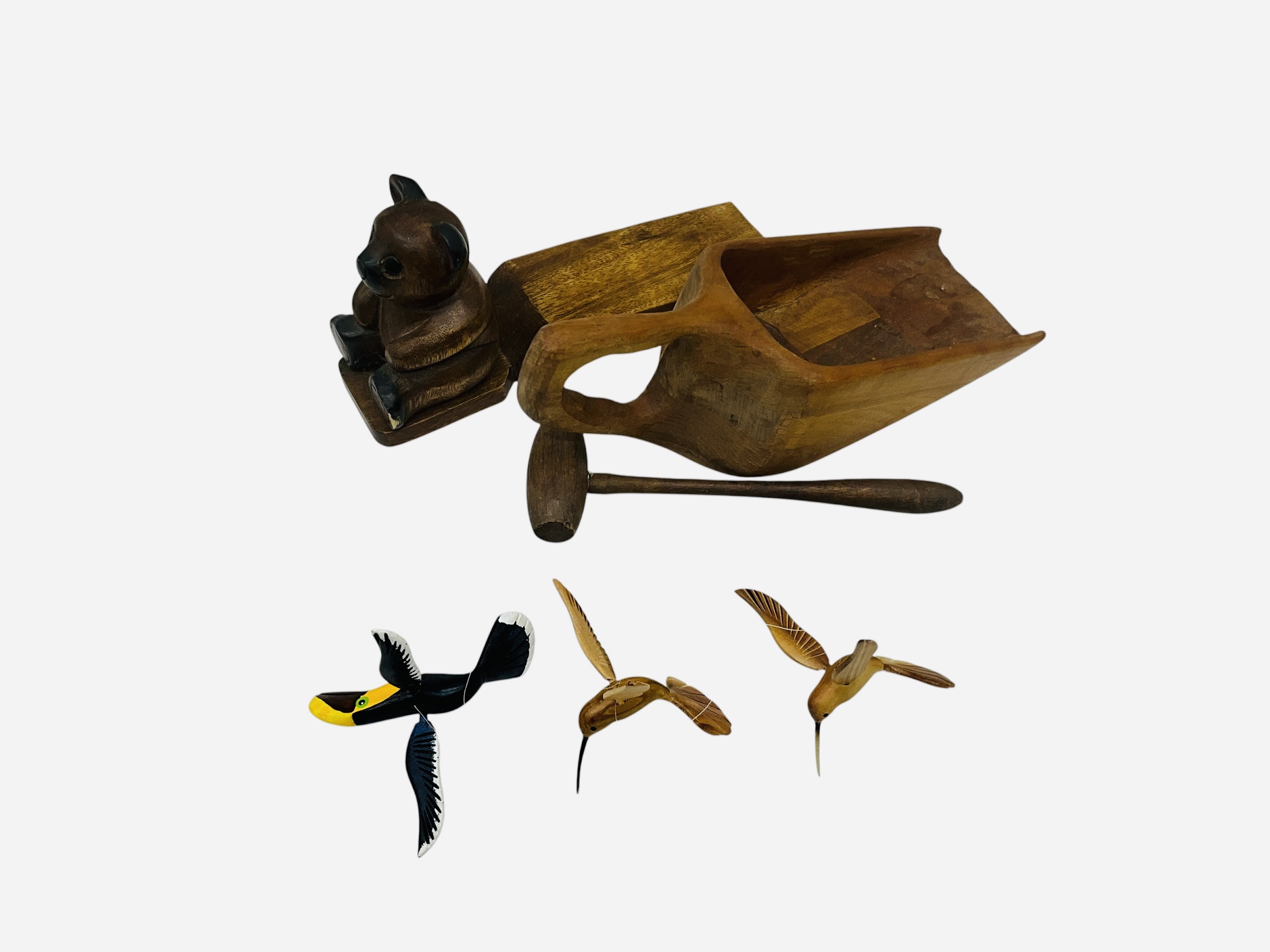 Carved Wood Lot Bear Doorstop / Scoop / Birds / Hammer