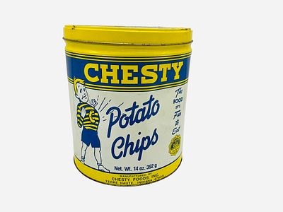 Vintage Chesty Potato Chips Large Tin. Overall good condition with great color. 9 1/2 inches tall.