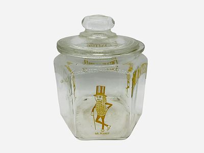 Mr. Peanut Hexagonal Glass Planters Jar w/ Lid. Great condition. 9 1/2 inches tall.