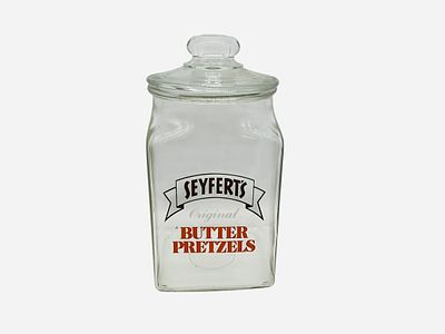 Large SEYFERT’S BUTTER PRETZELS Glass Display Jar. Good condition. 13 inches tall.