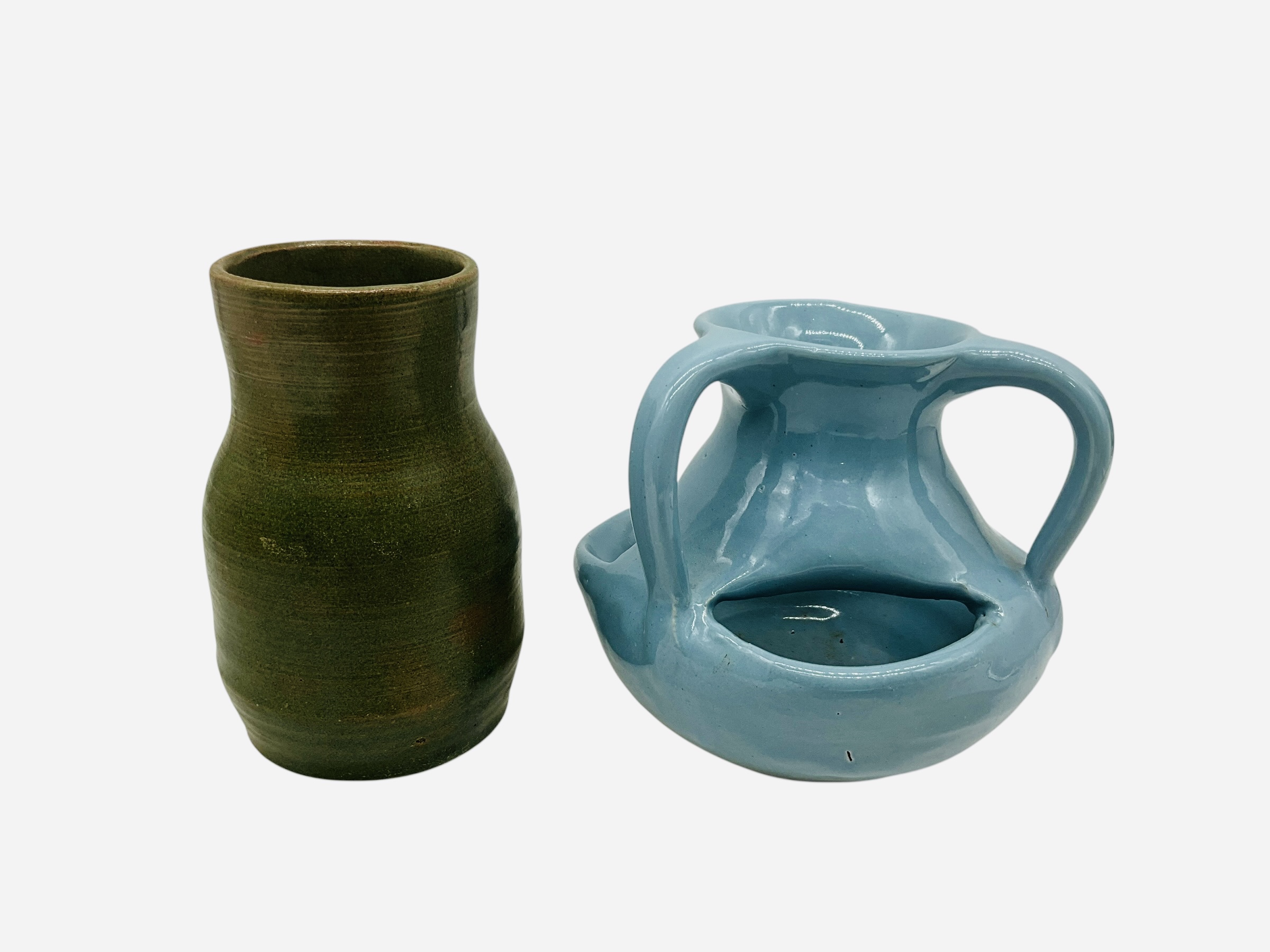 Pair Pottery Pieces / R.Wood & Blue Flower Vase Unsigned