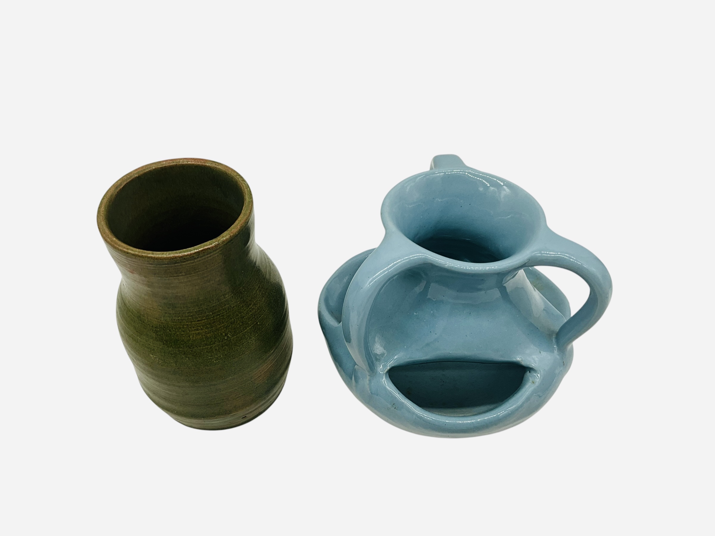 Pair Pottery Pieces / R.Wood & Blue Flower Vase Unsigned