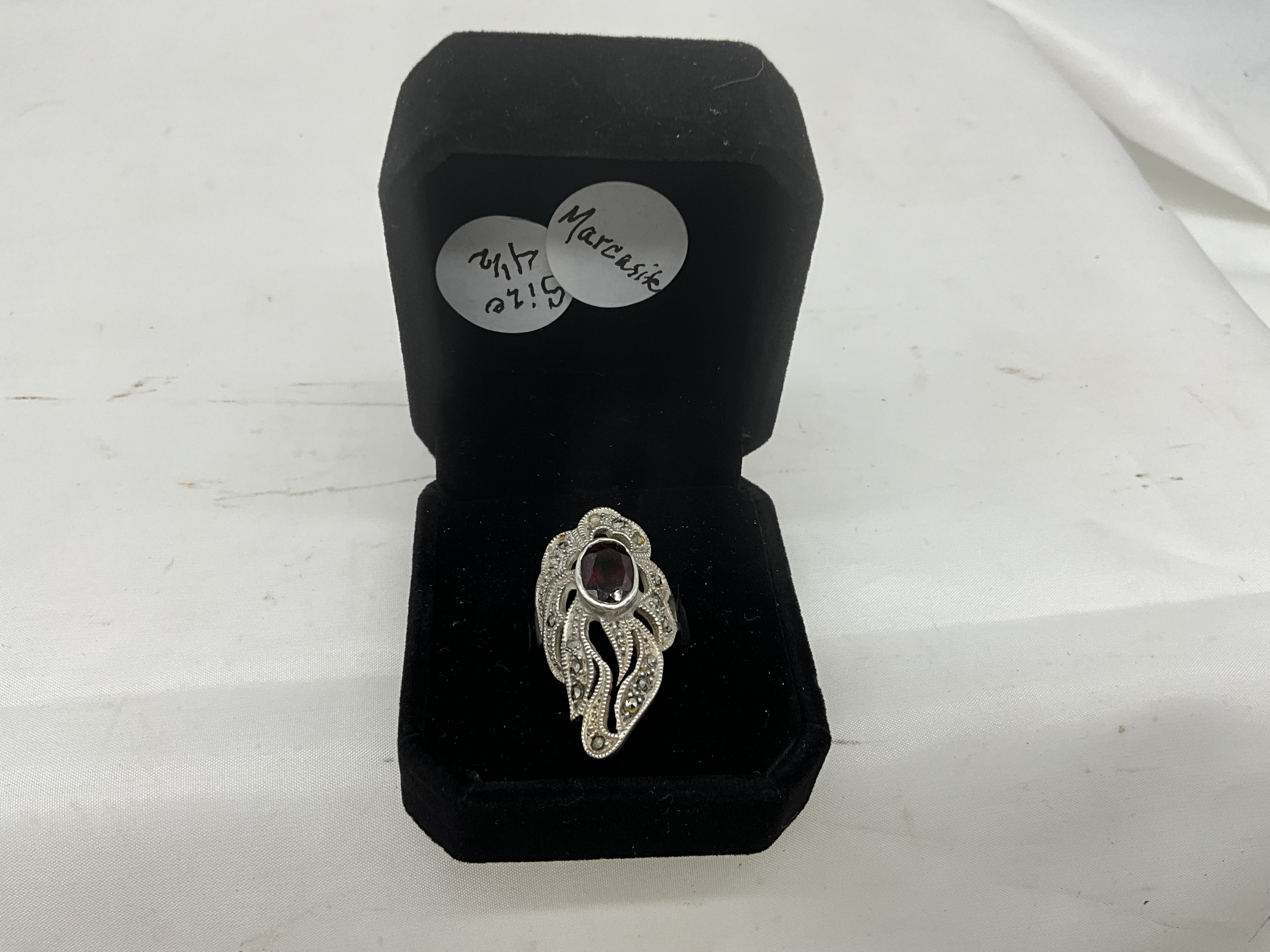 Sterling Silver Marcasite Ring w/ Red Stone
