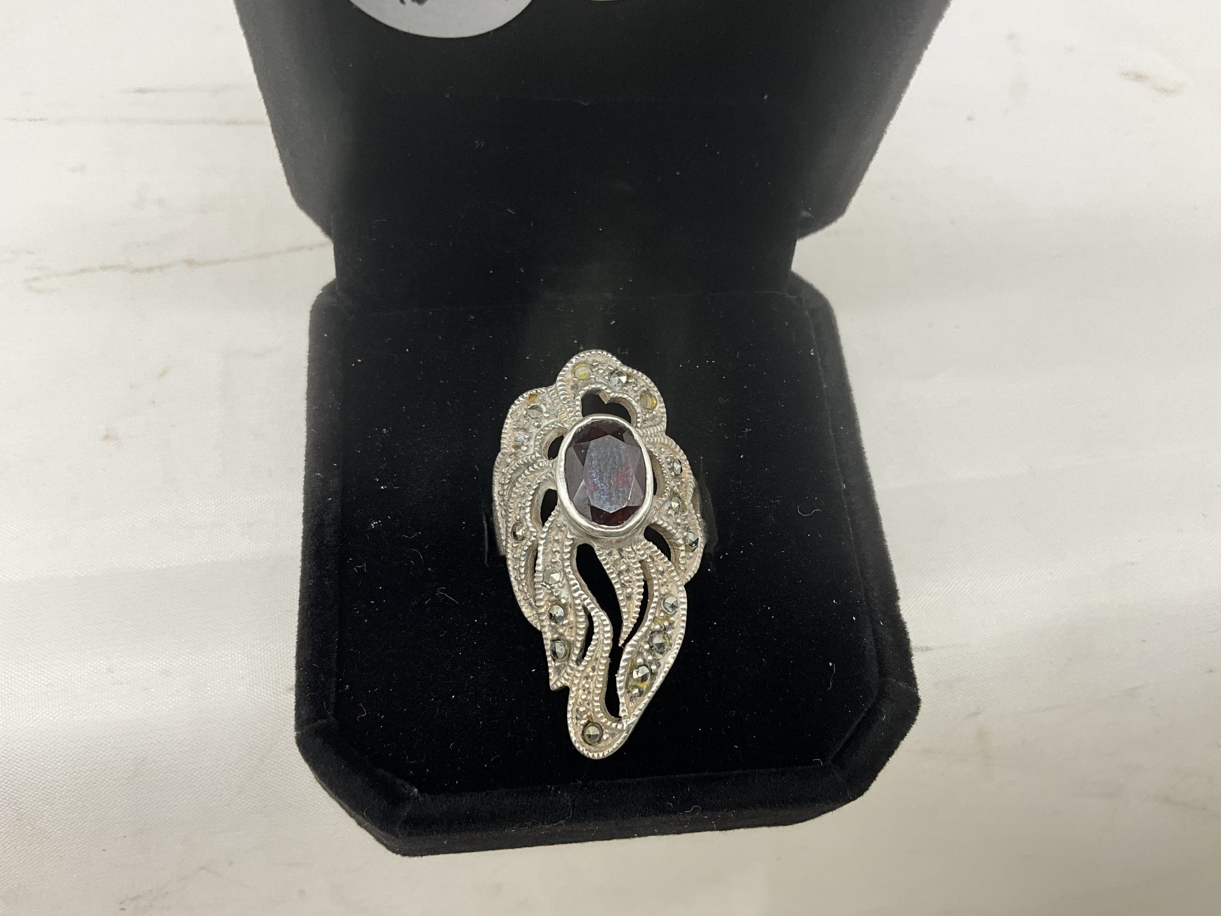 Sterling Silver Marcasite Ring w/ Red Stone