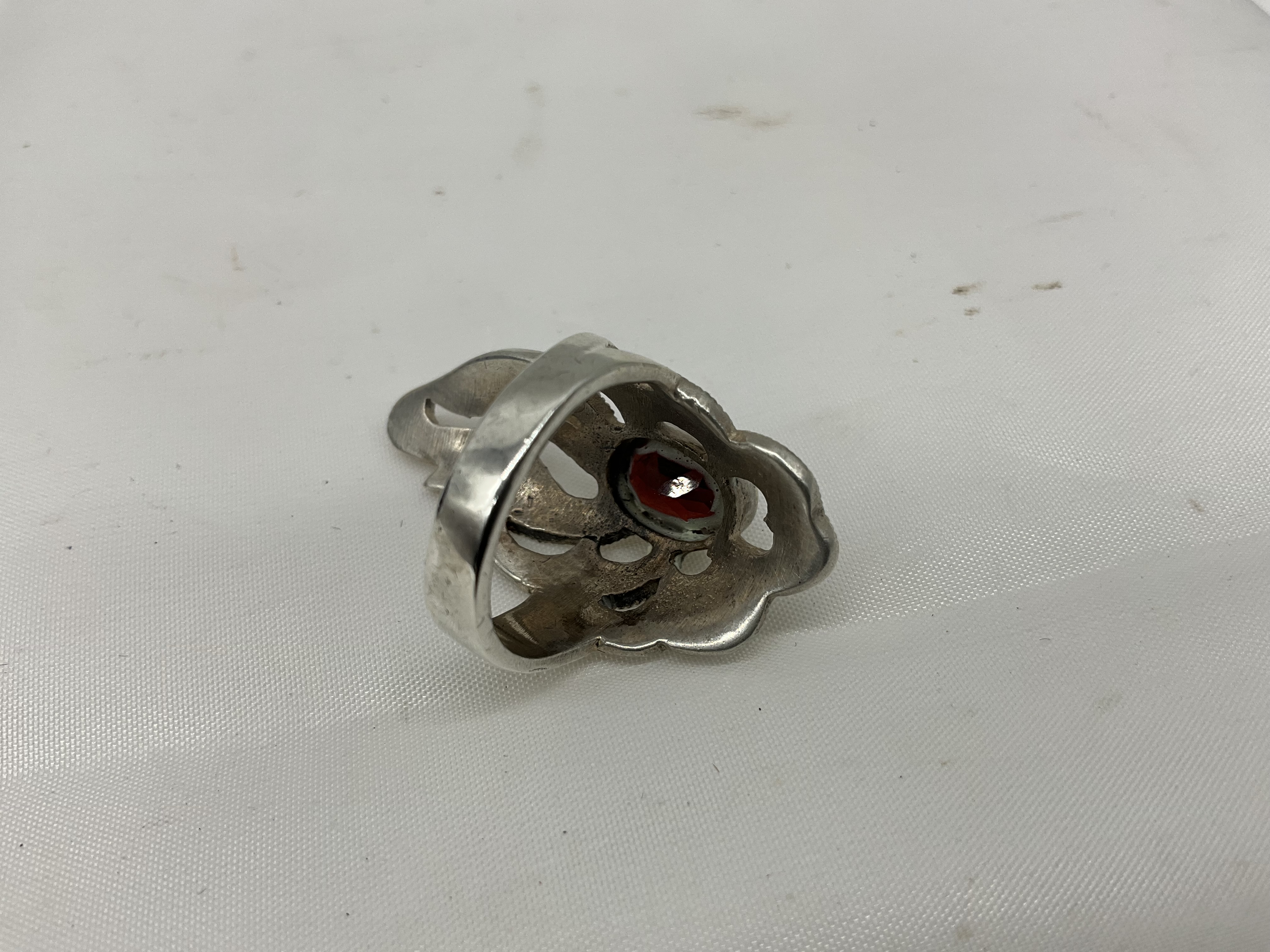 Sterling Silver Marcasite Ring w/ Red Stone