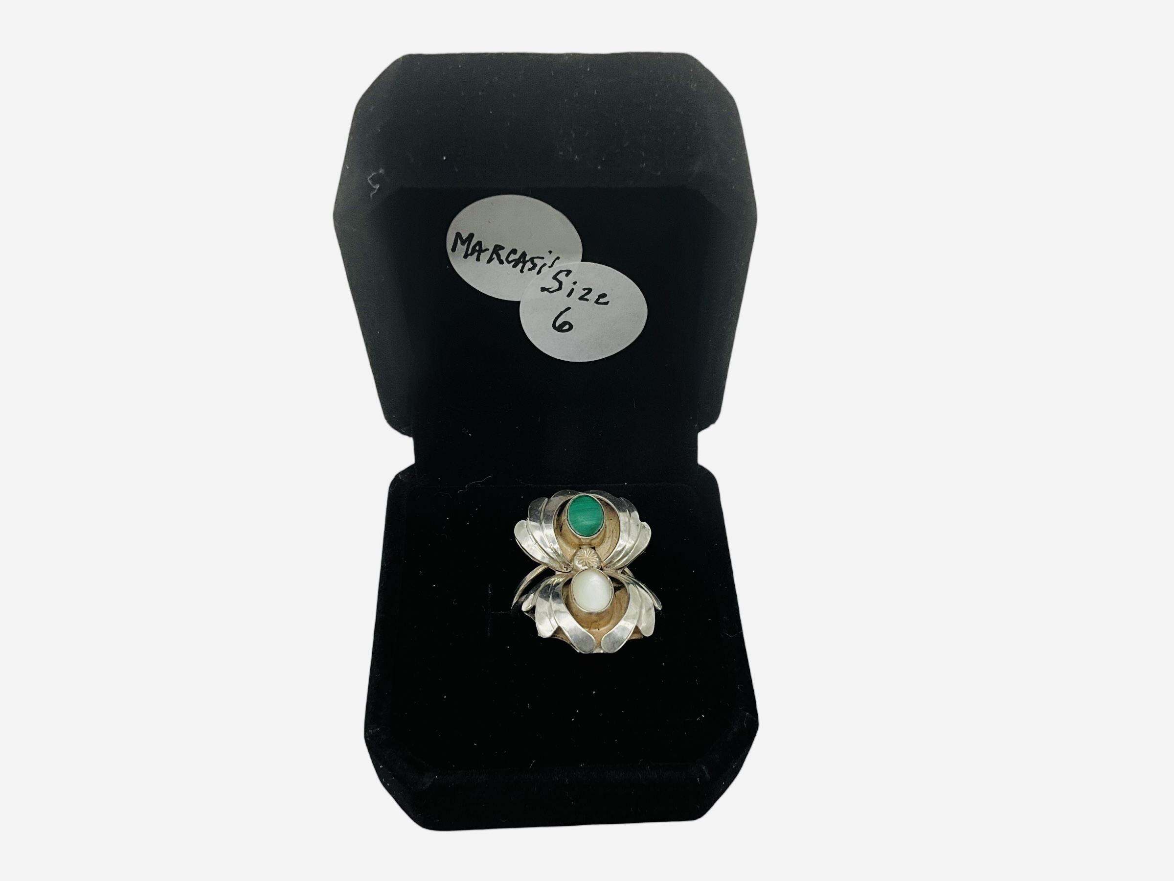 Sterling Silver Marcasite Ring w/ Green & White Stone