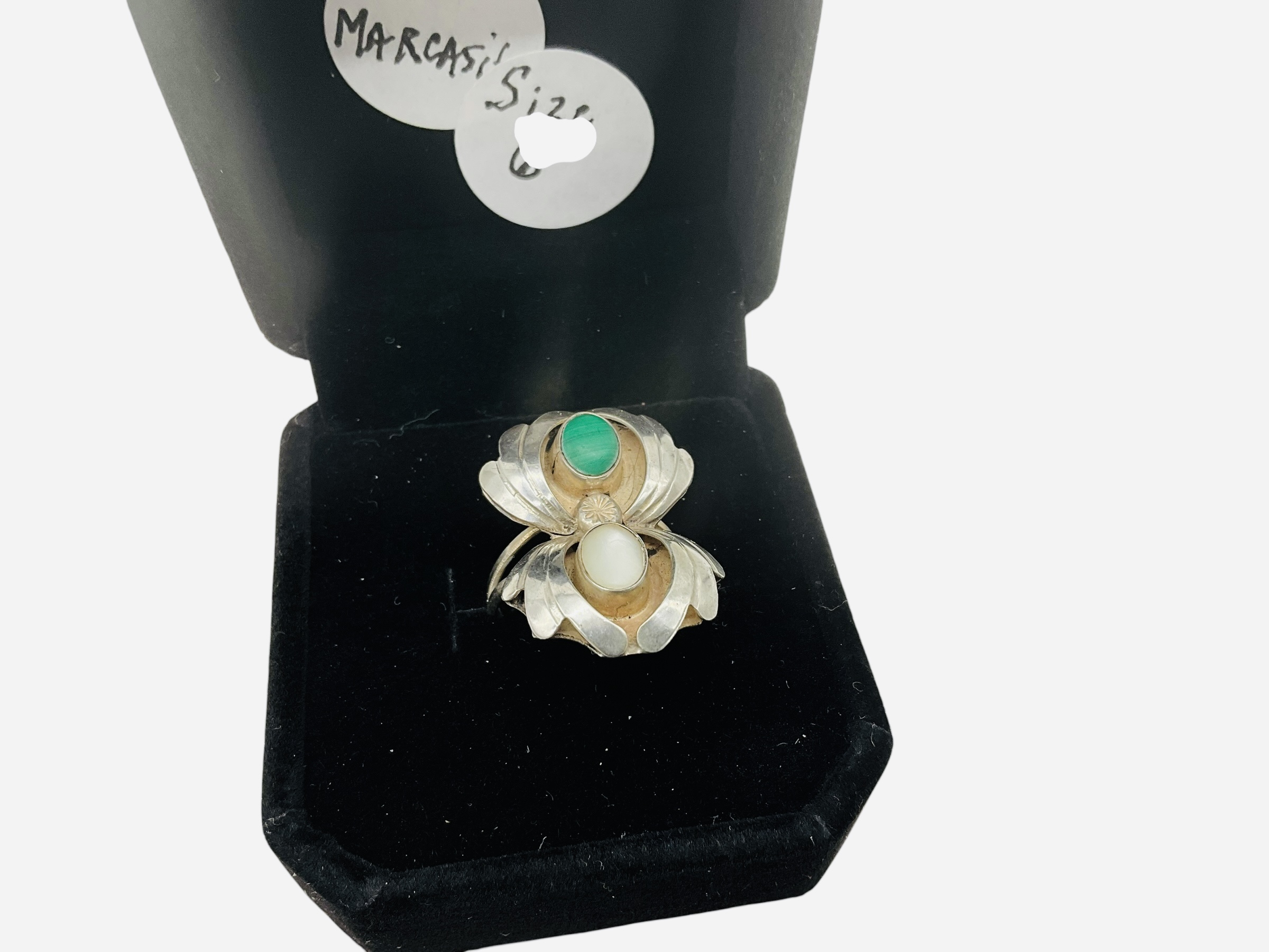 Sterling Silver Marcasite Ring w/ Green & White Stone