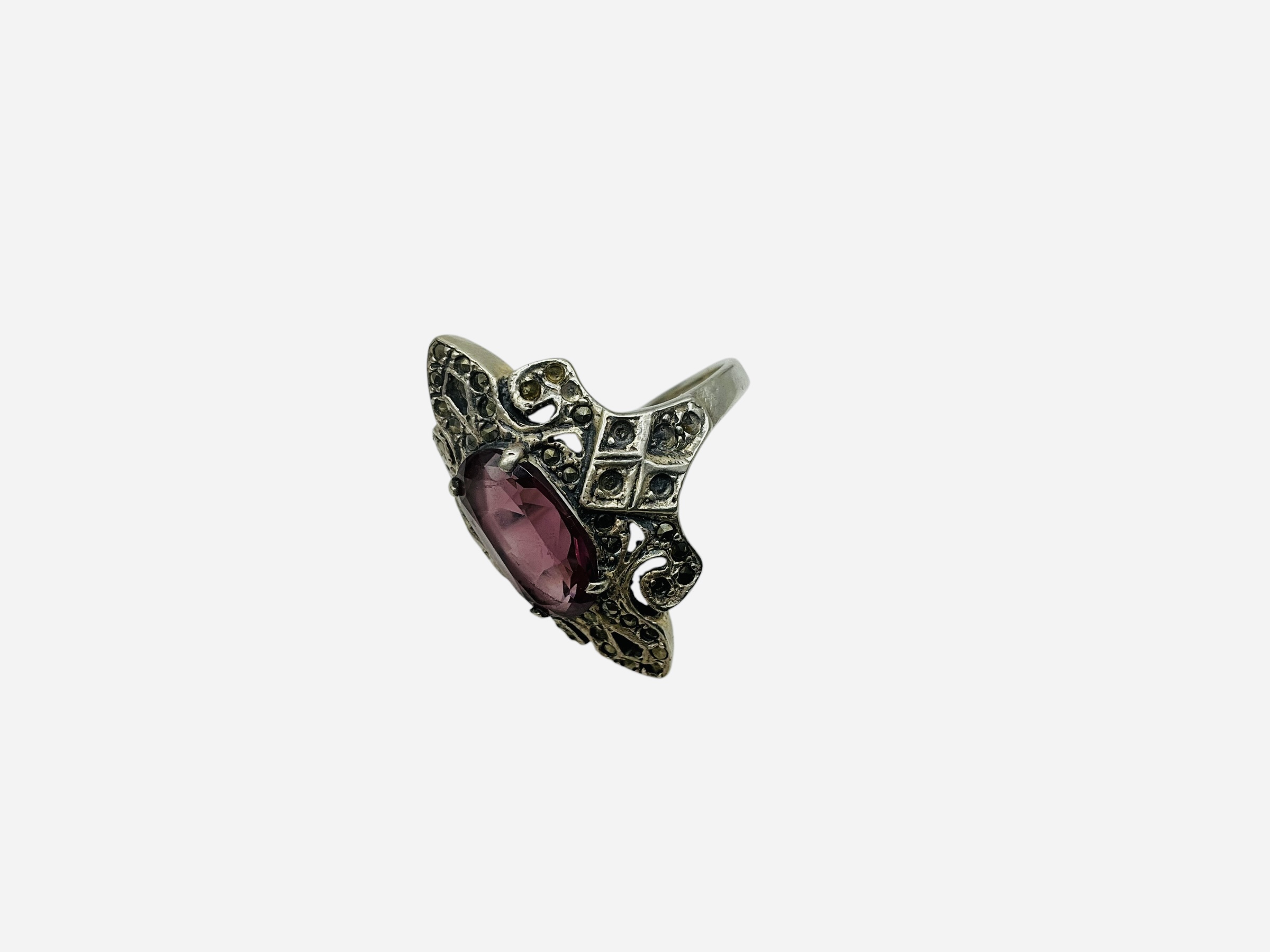 Sterling Silver Marcasite Ring w/ Purple Stone