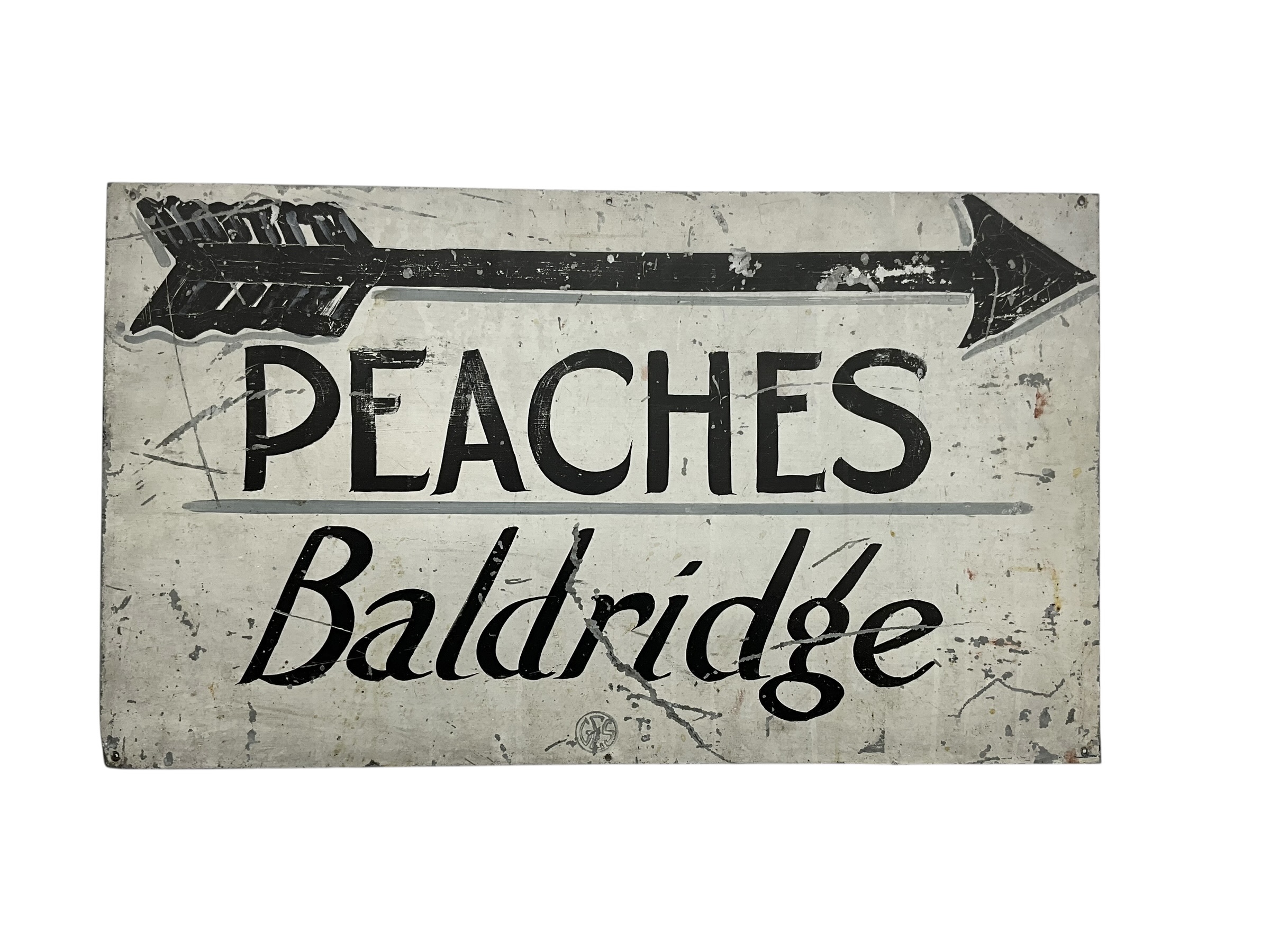 Vintage Hand Painted Metal PEACHES BALDRIDGE Trade Sign