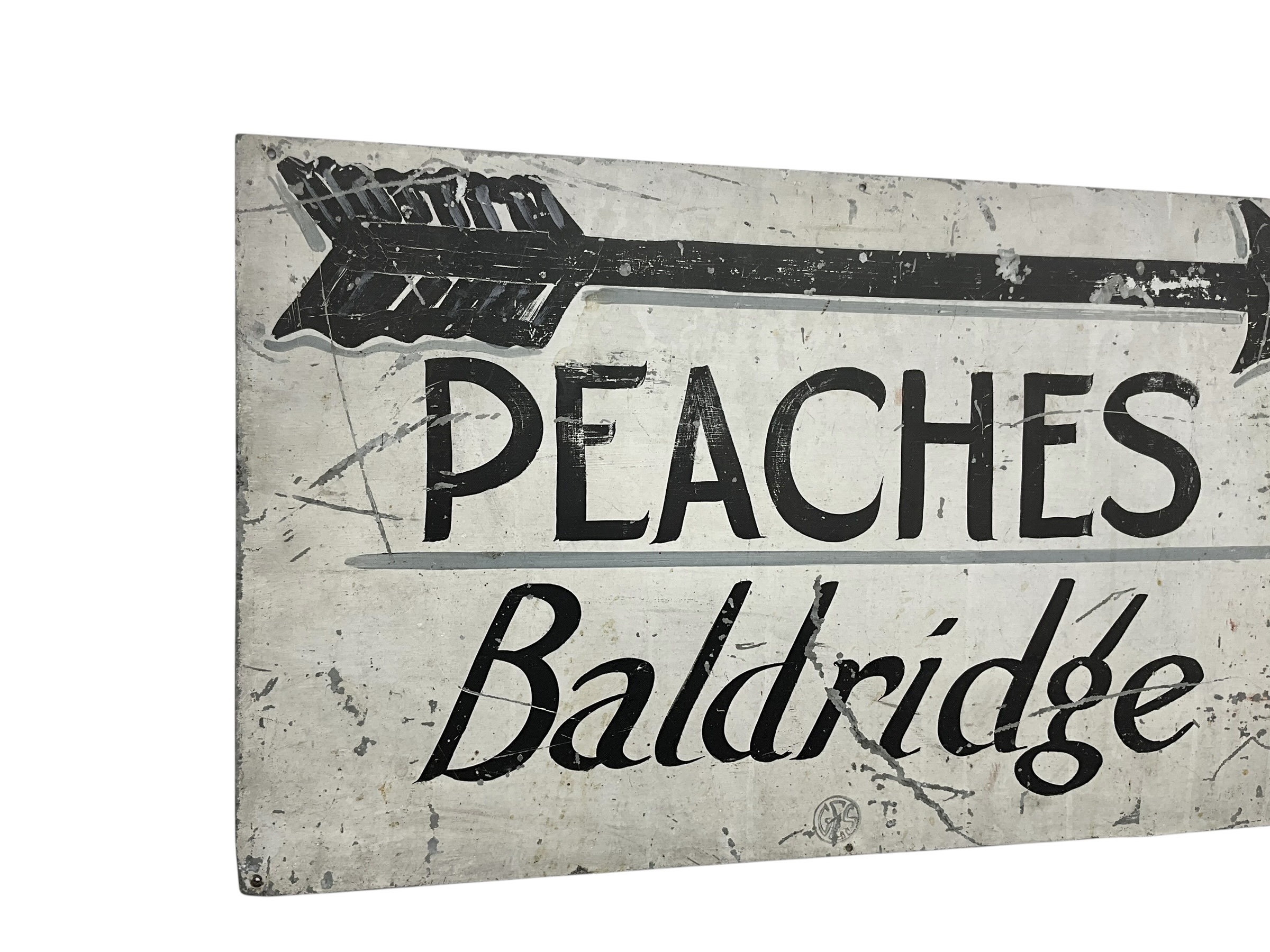 Vintage Hand Painted Metal PEACHES BALDRIDGE Trade Sign
