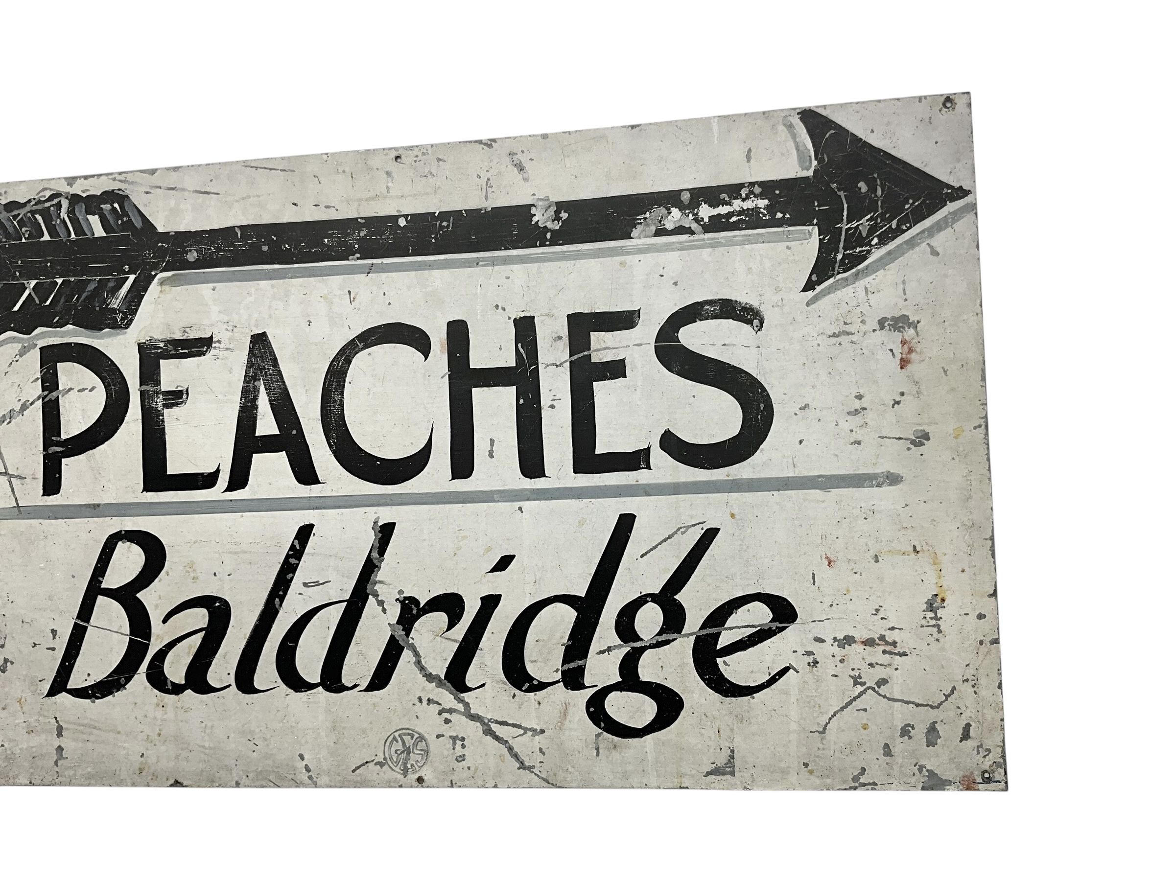 Vintage Hand Painted Metal PEACHES BALDRIDGE Trade Sign