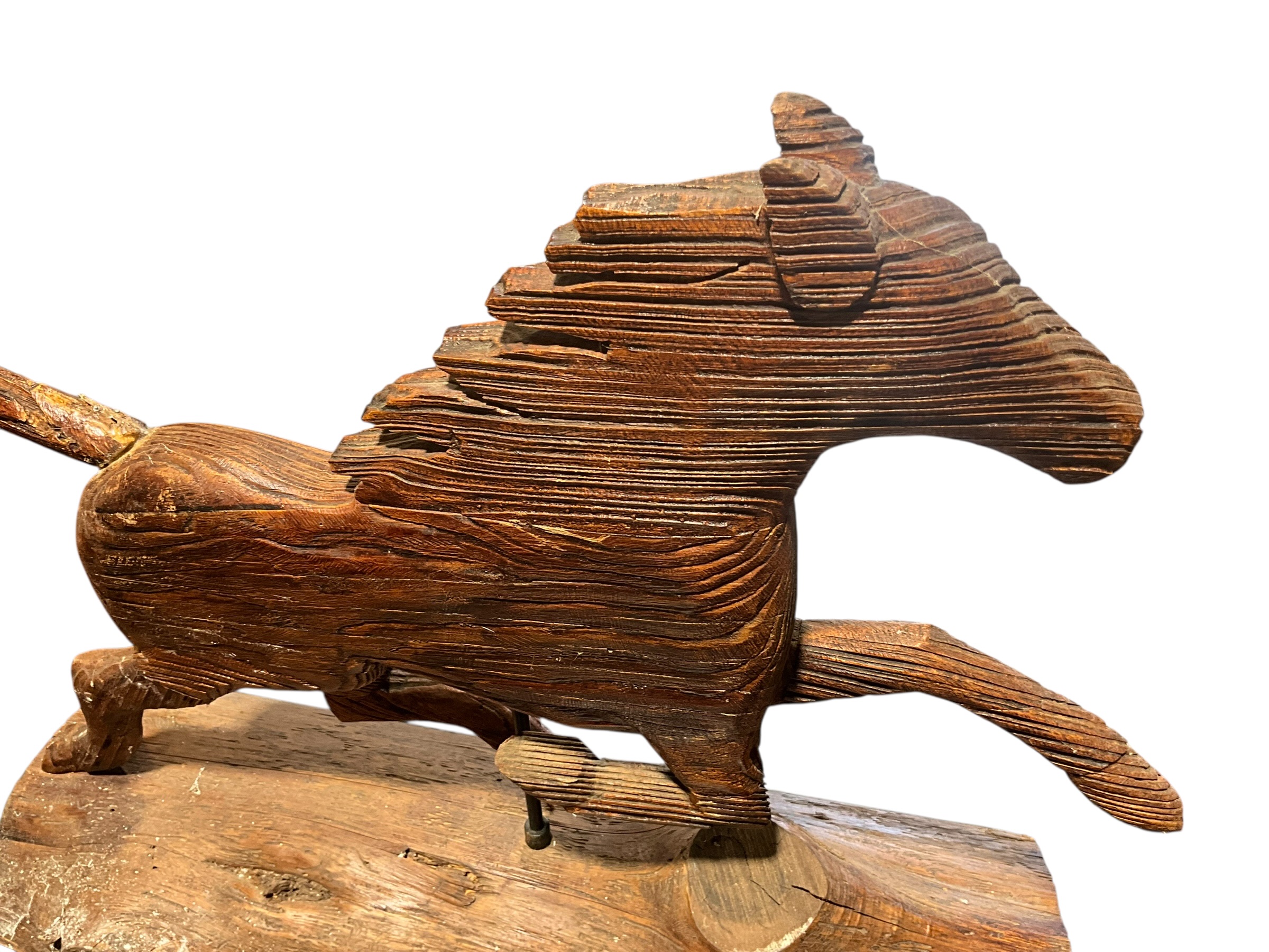 Hand Carved Trotting Horse On Wood Base