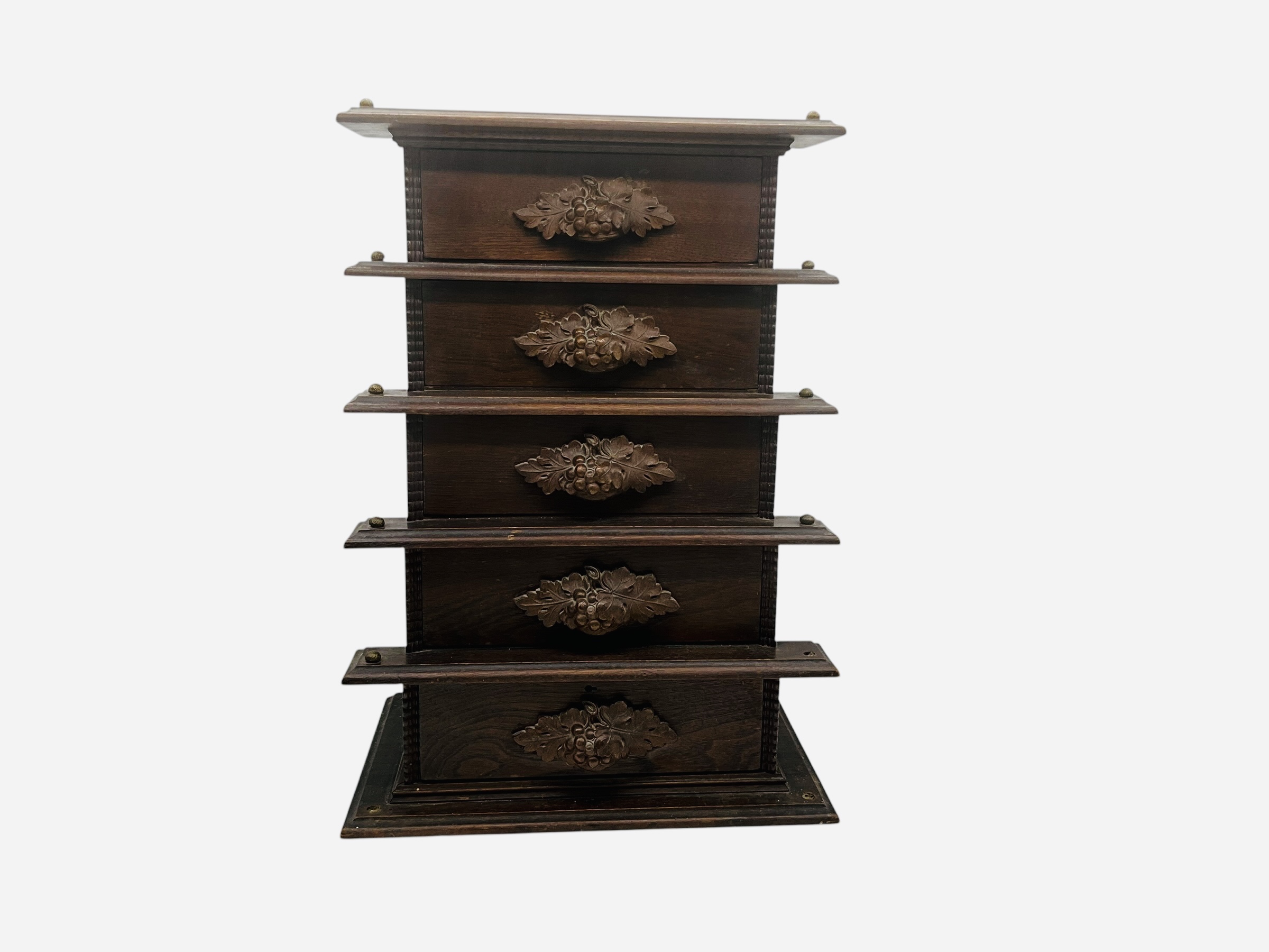 Vintage Carved Wood Acorn And Leaf 5 Drawer Cabinet