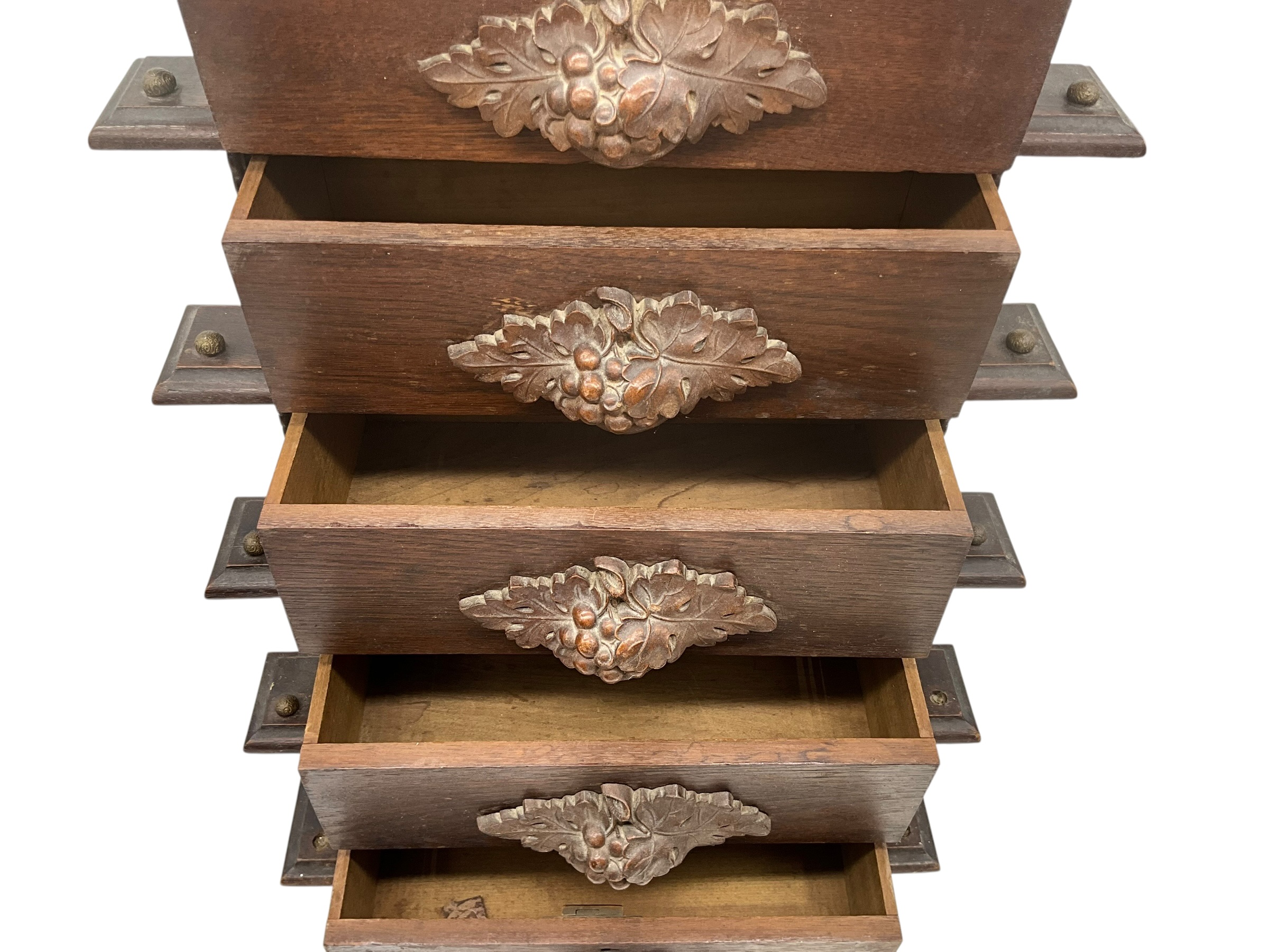 Vintage Carved Wood Acorn And Leaf 5 Drawer Cabinet