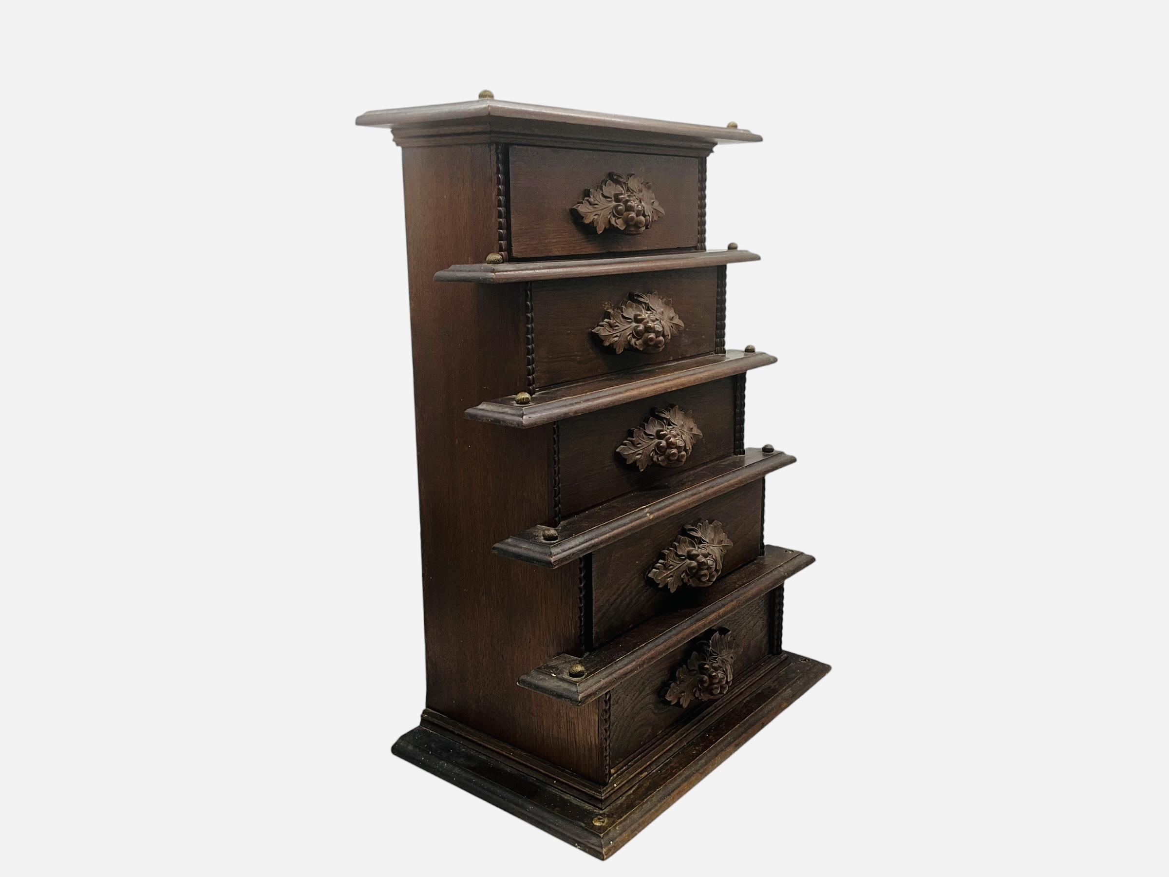Vintage Carved Wood Acorn And Leaf 5 Drawer Cabinet