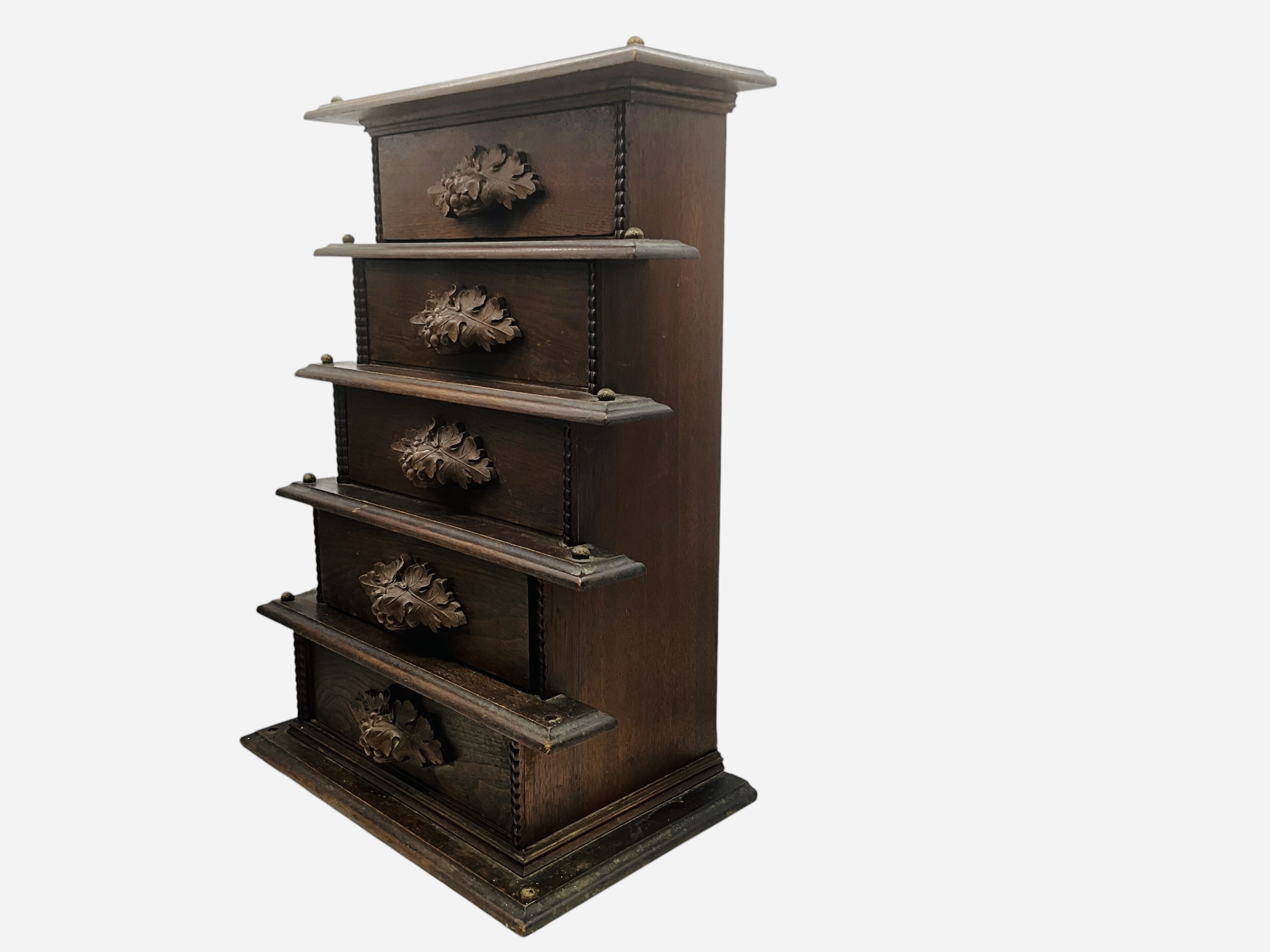 Vintage Carved Wood Acorn And Leaf 5 Drawer Cabinet