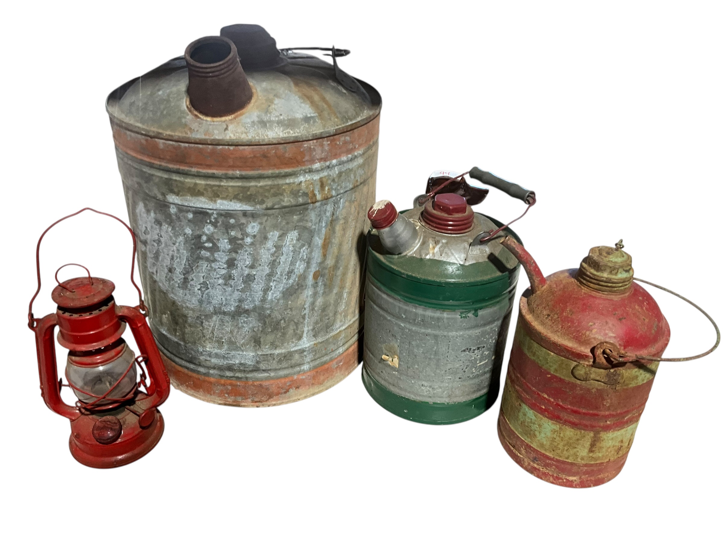 Three Vintage Metal Gas Cans & Lantern