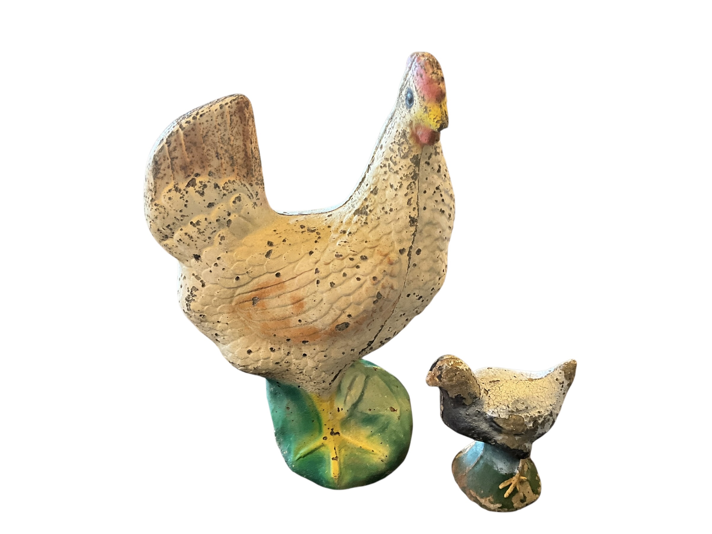 Pair Of Vintage Concrete Chickens Large & Small