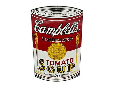 Campbells Tomato Soup Can Metal Enamel Advertising Sign. 22 1/4 x 13 3/4 inches. 
Good condition.