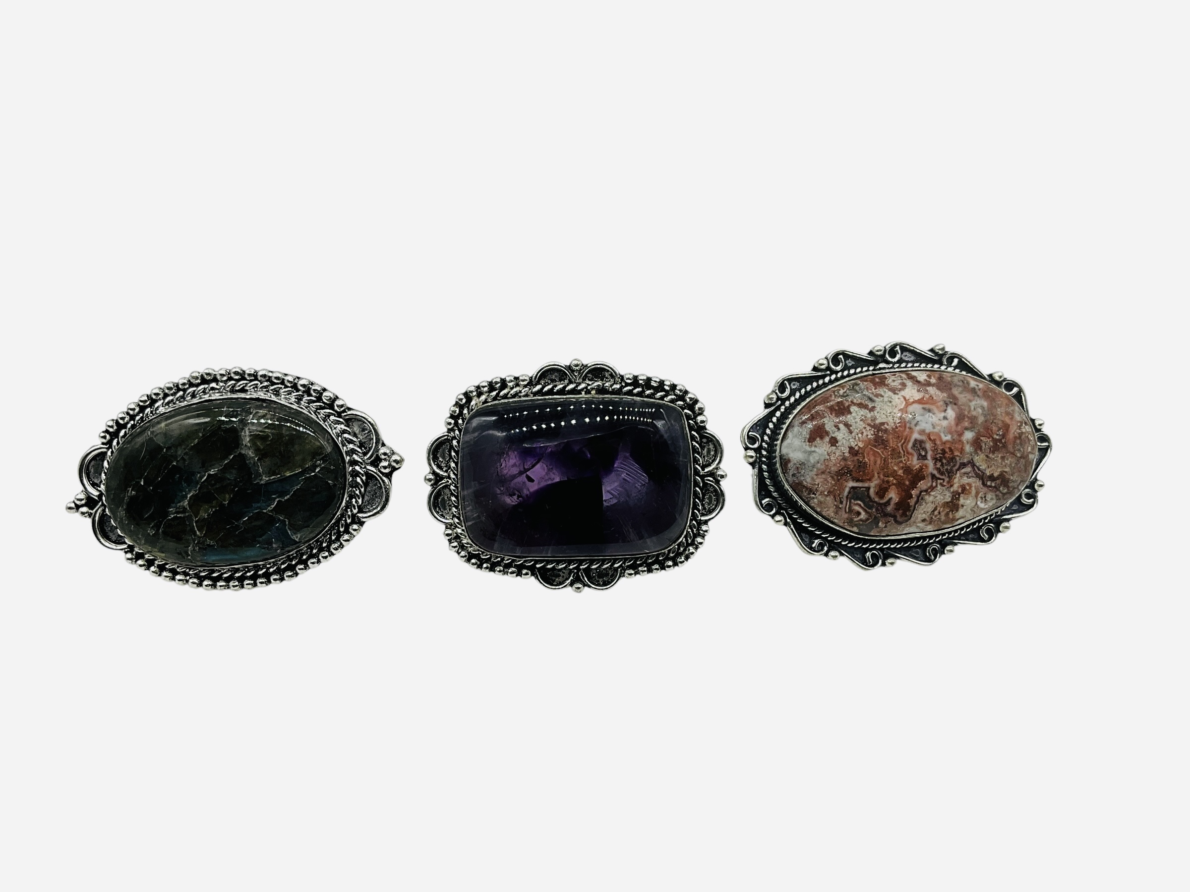 Lot Of 3 New German Silver Rings Opal Amethyst Labarodorite