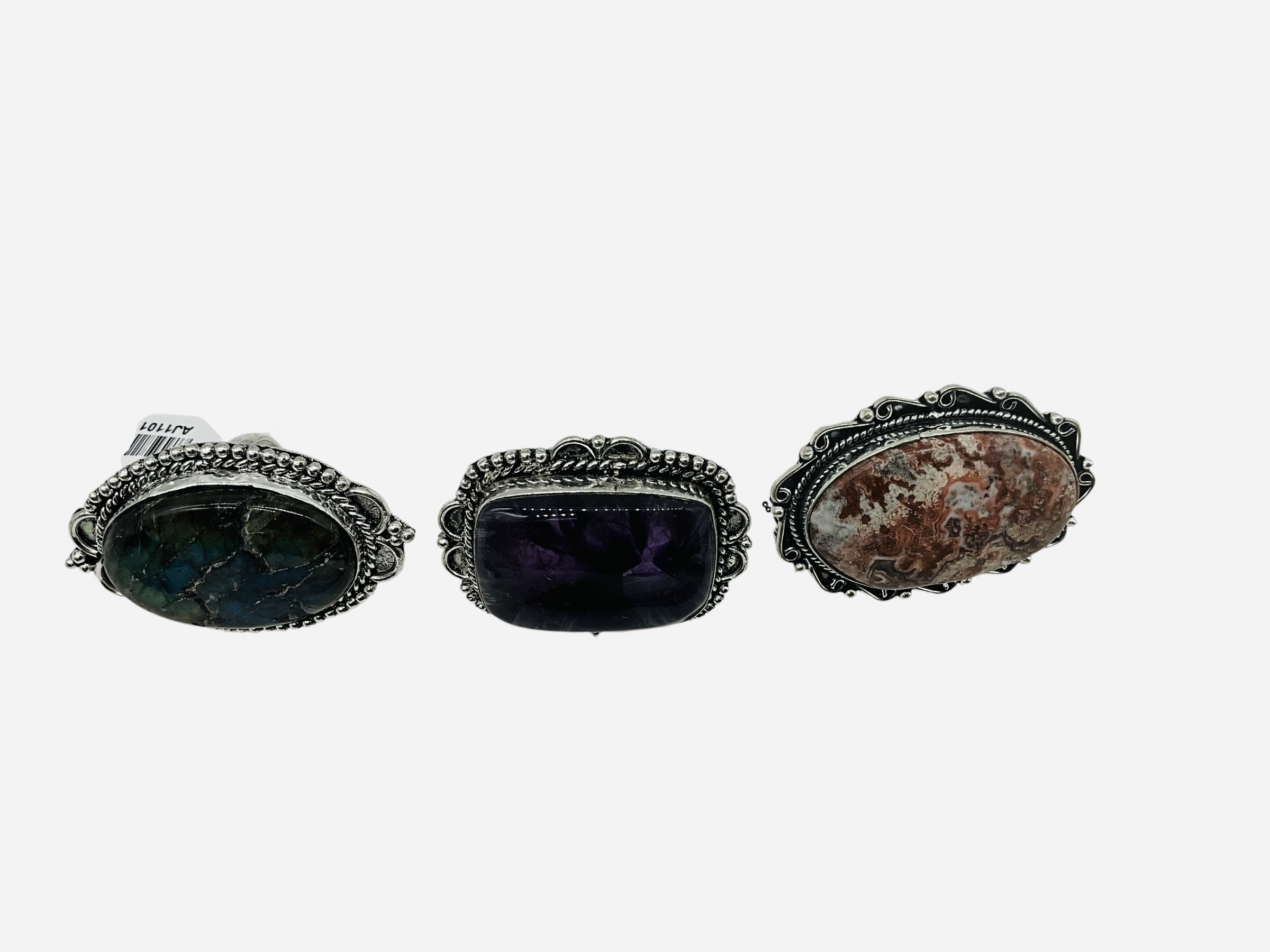 Lot Of 3 New German Silver Rings Opal Amethyst Labarodorite