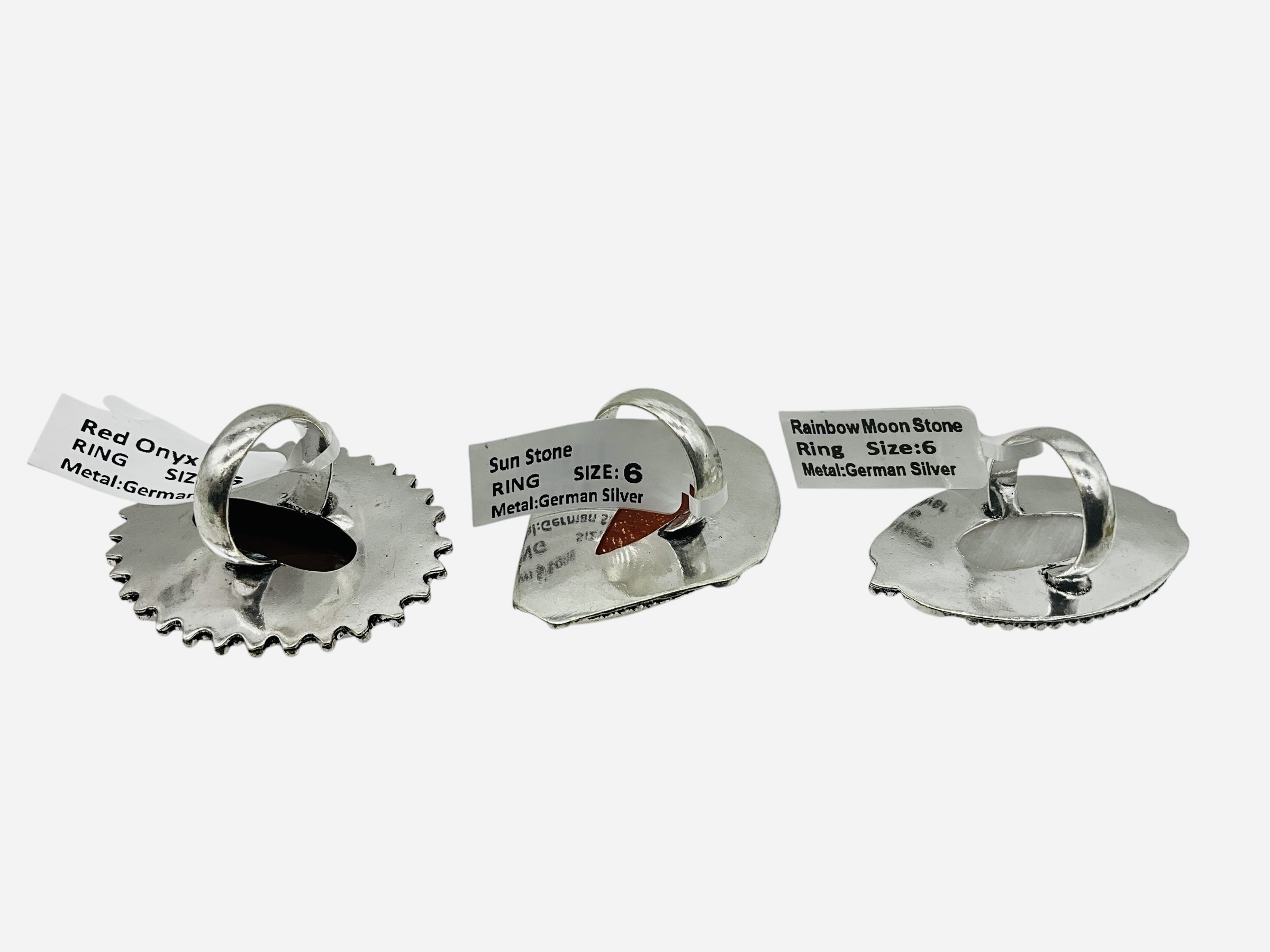 Lot Of 3 German Silver Rings Sun Stone Moon Stone Red Onyx