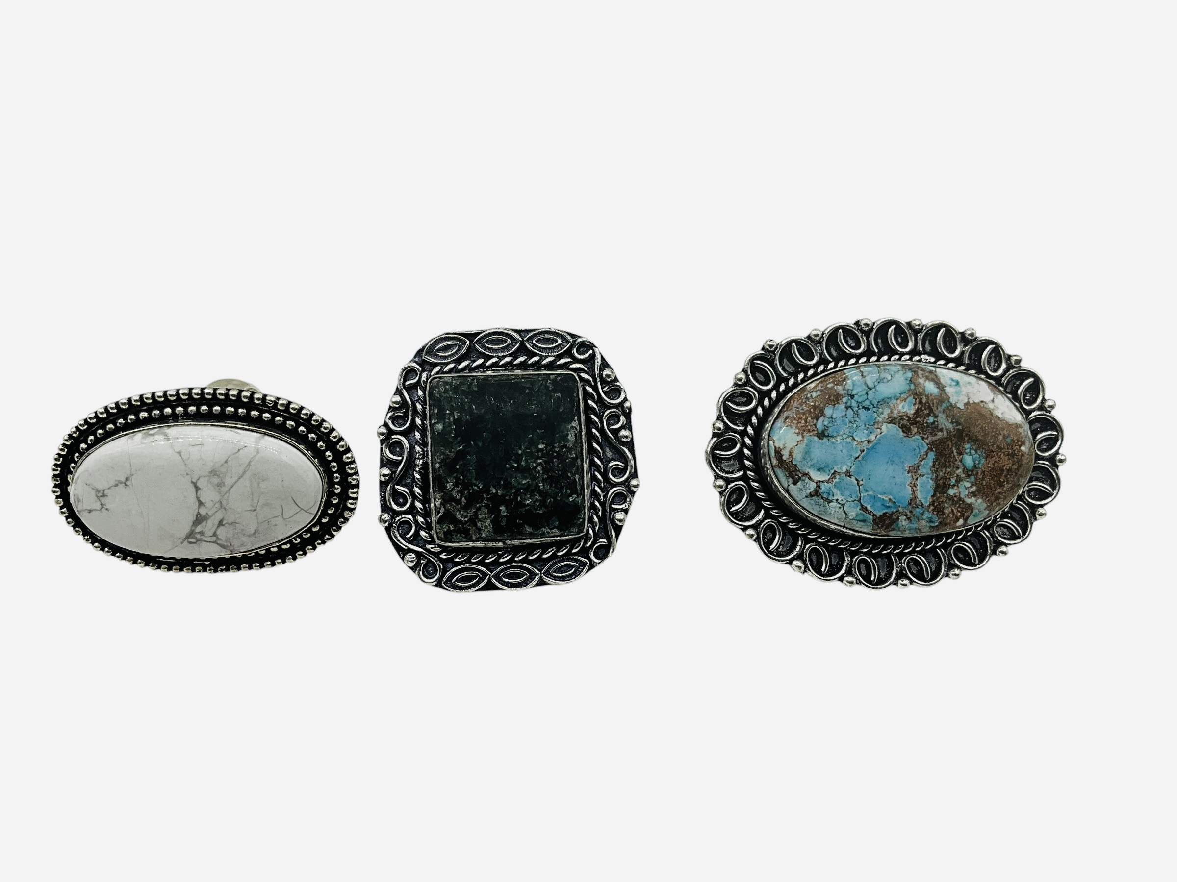 Lot Of 3 German Silver Rings Howlite Jasper Turquoise