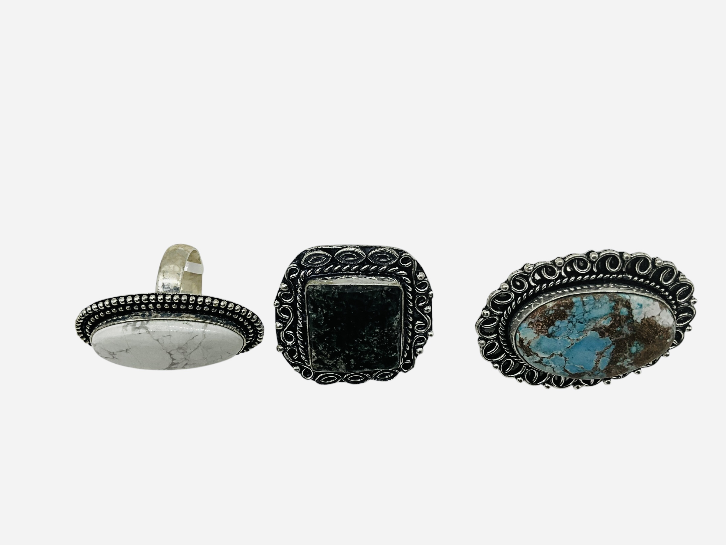 Lot Of 3 German Silver Rings Howlite Jasper Turquoise