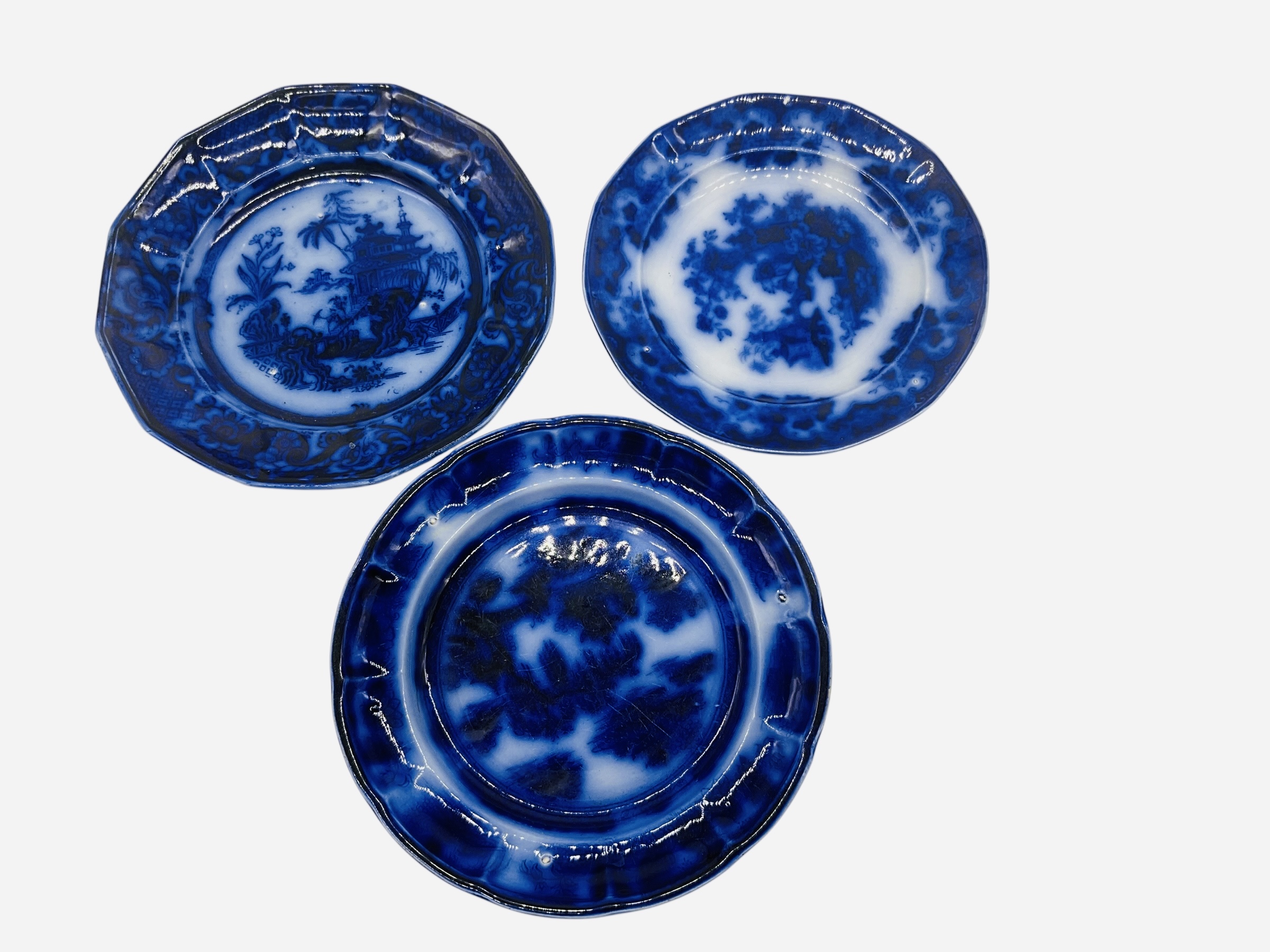 Three Flow Blue Ironstone Plates