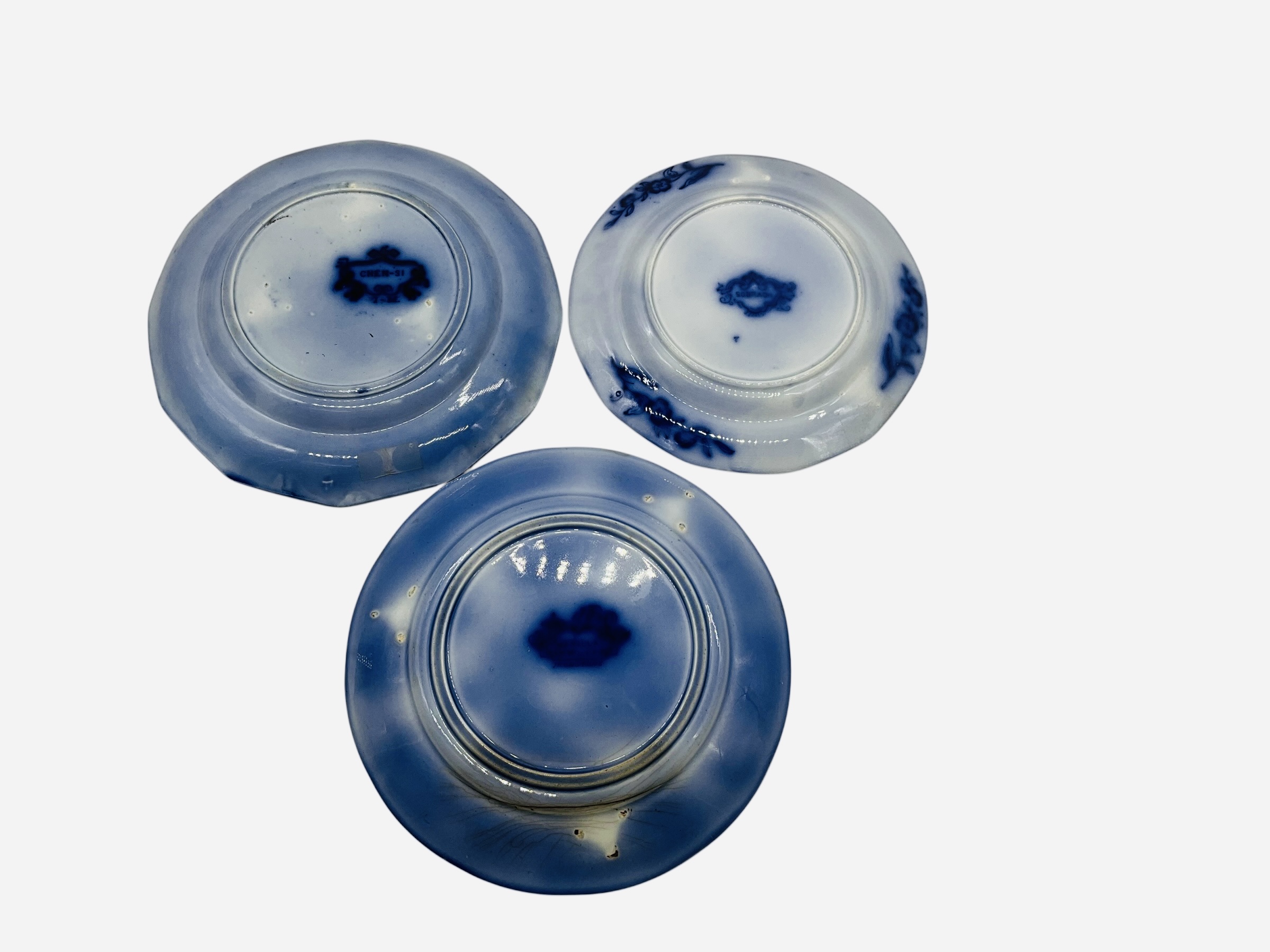 Three Flow Blue Ironstone Plates