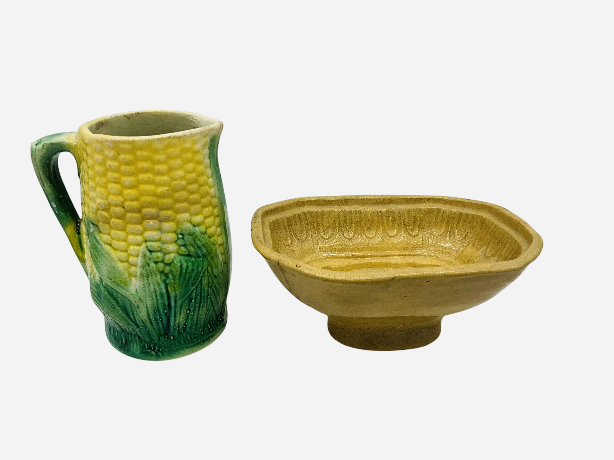 Antique Yellow Ware Food Mold & Majolica