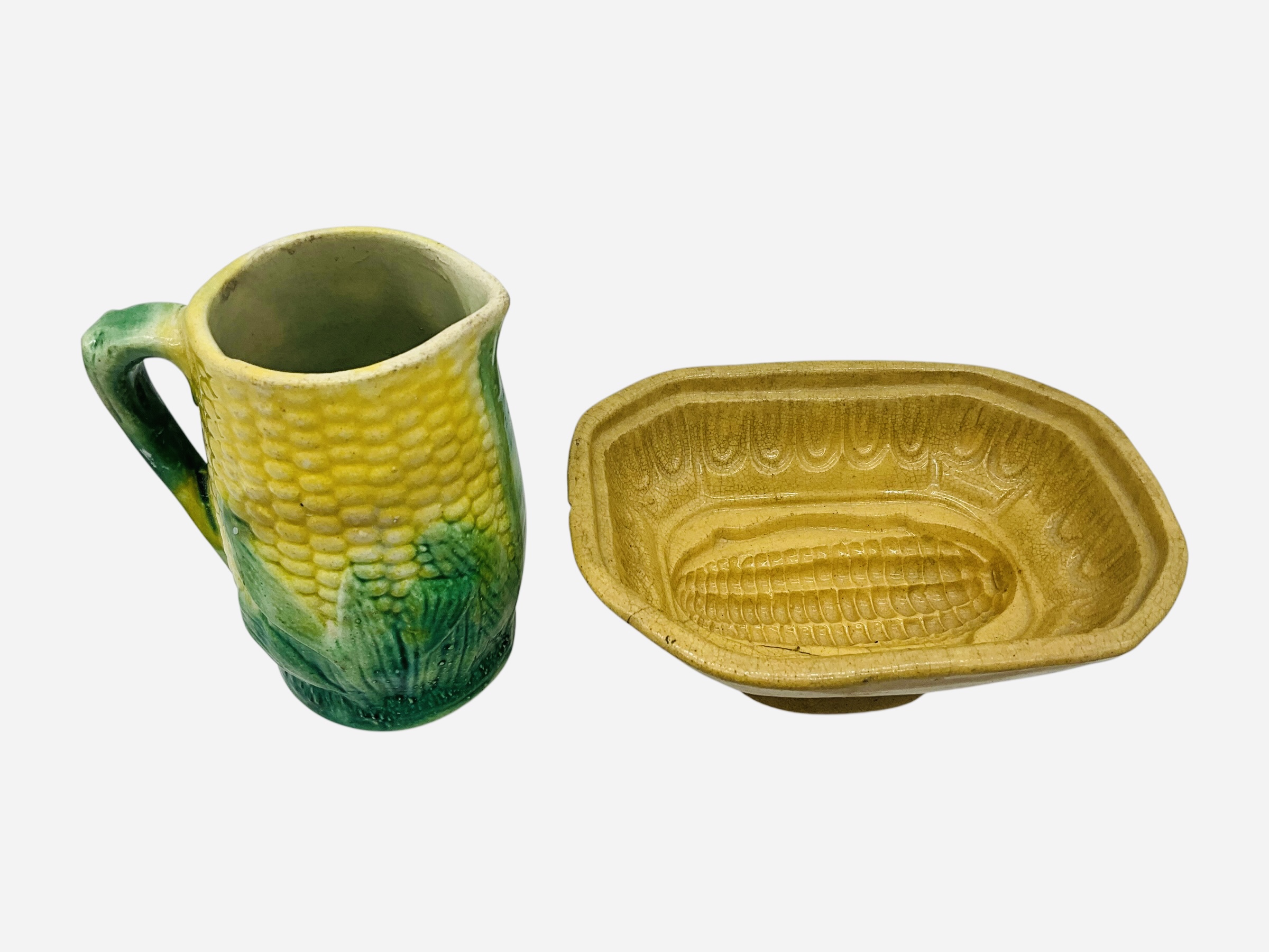 Antique Yellow Ware Food Mold & Majolica
