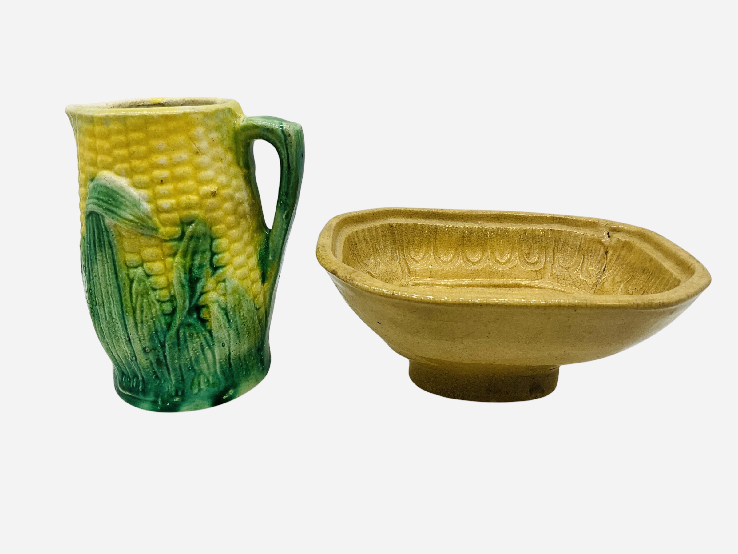 Antique Yellow Ware Food Mold & Majolica