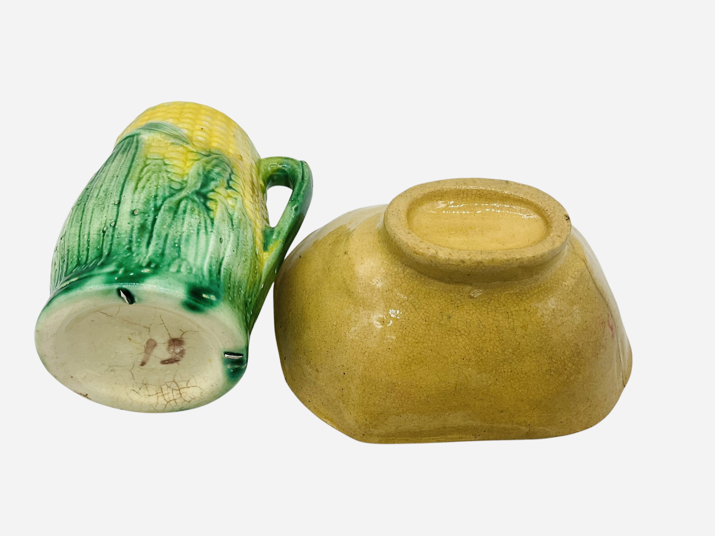 Antique Yellow Ware Food Mold & Majolica