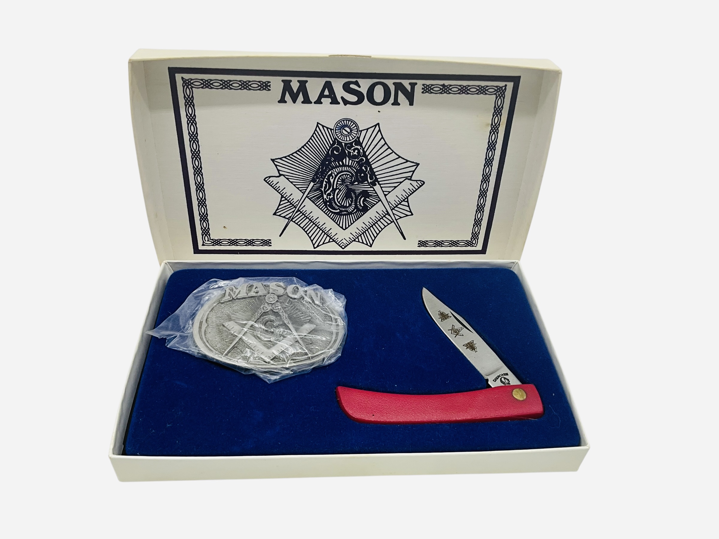Cherokee Mason Knife & Belt Buckle Box Set
