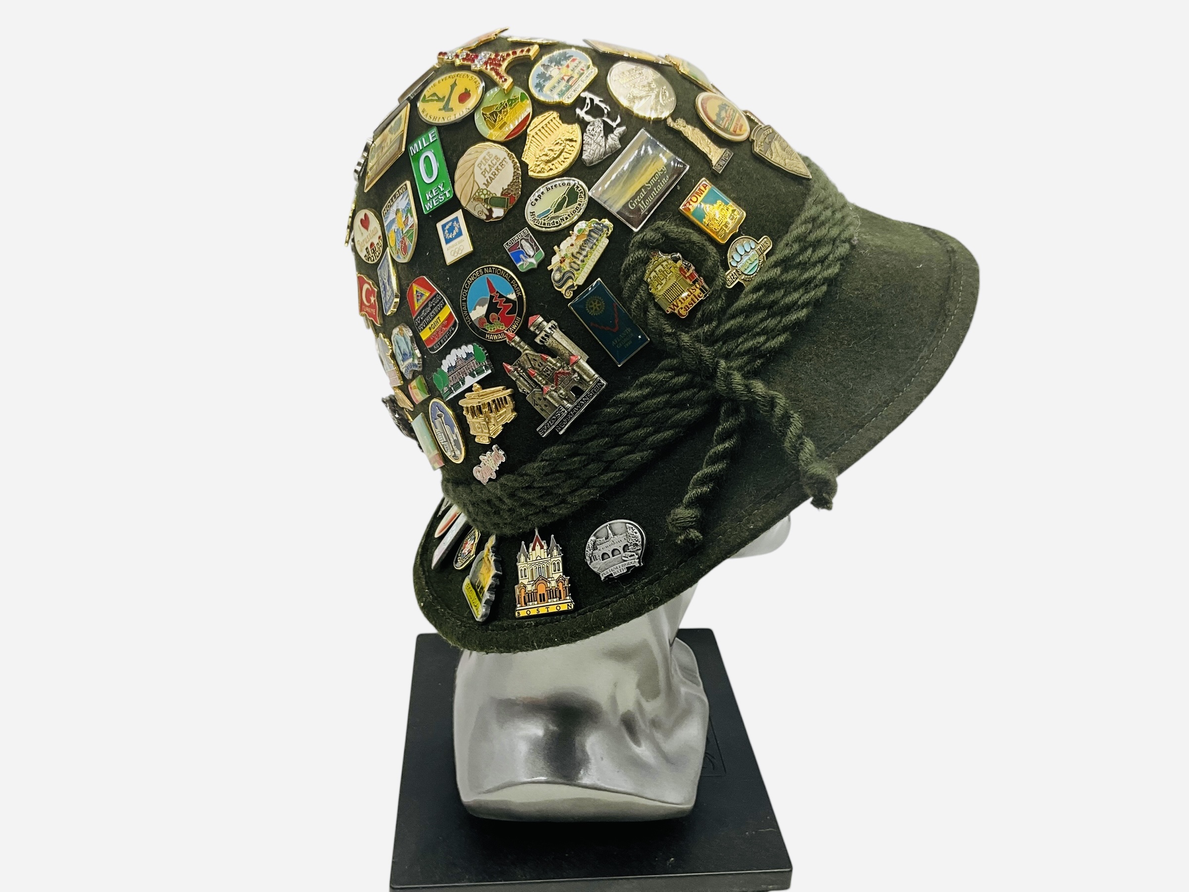World Traveler Hat With 100+ Lapel Pins Advertising