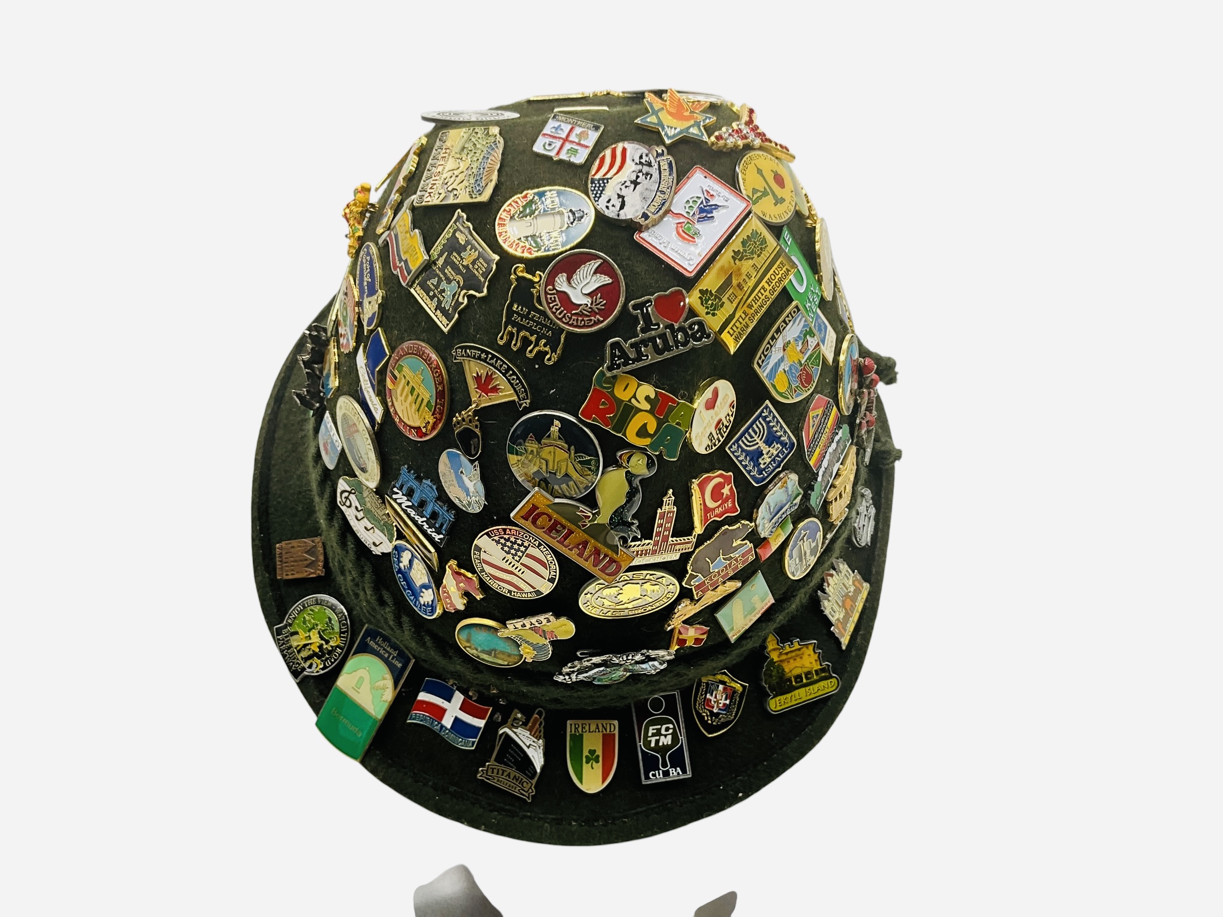 World Traveler Hat With 100+ Lapel Pins Advertising