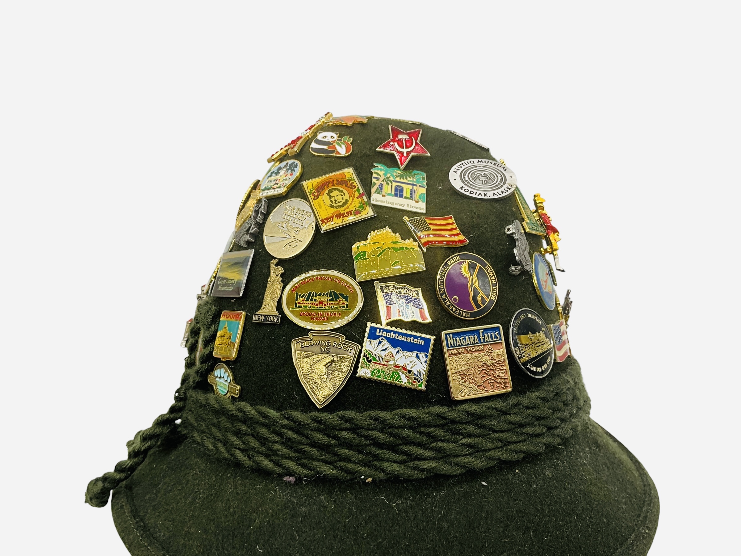 World Traveler Hat With 100+ Lapel Pins Advertising