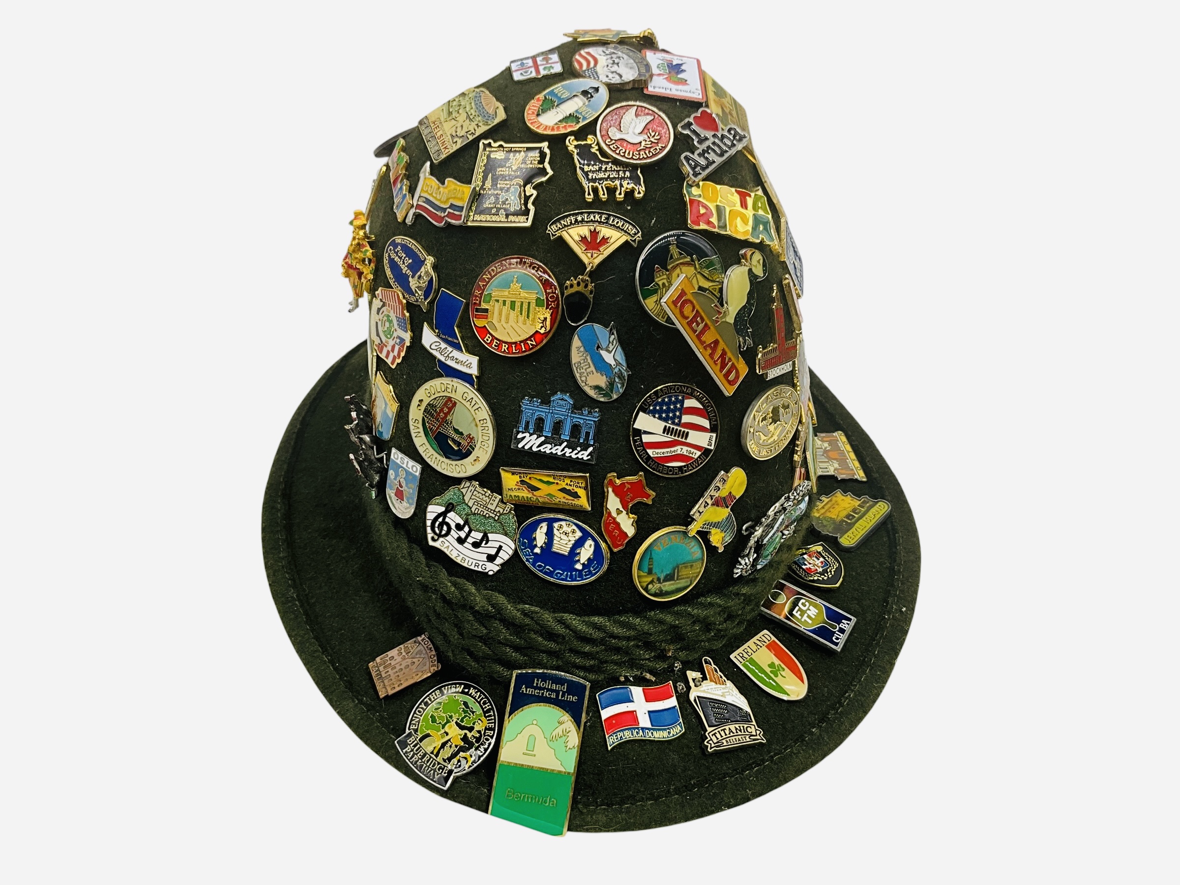 World Traveler Hat With 100+ Lapel Pins Advertising