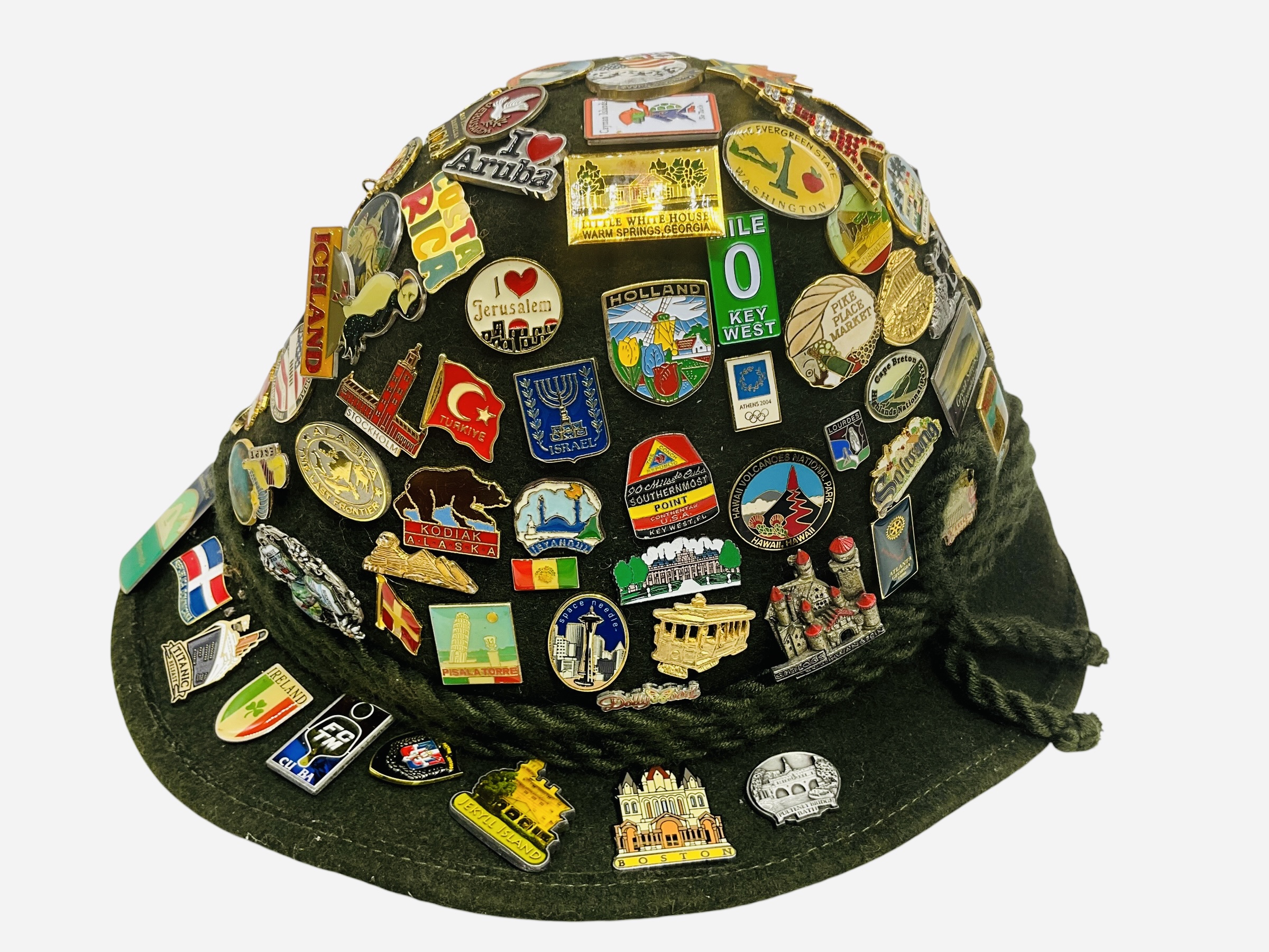 World Traveler Hat With 100+ Lapel Pins Advertising