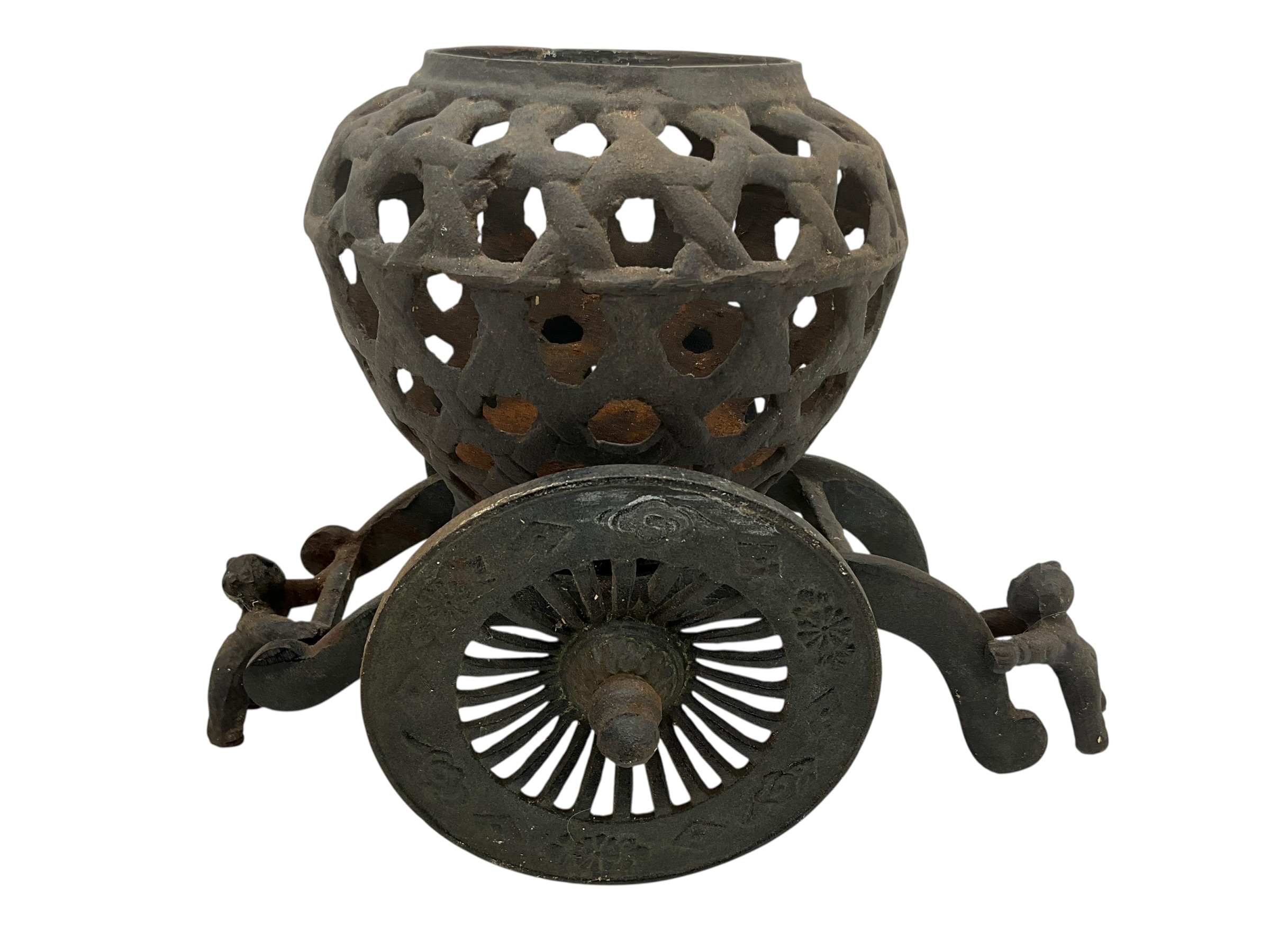 Japanese Cast Iron Reticulated Garden Vase Carriage Planter Candle Holder