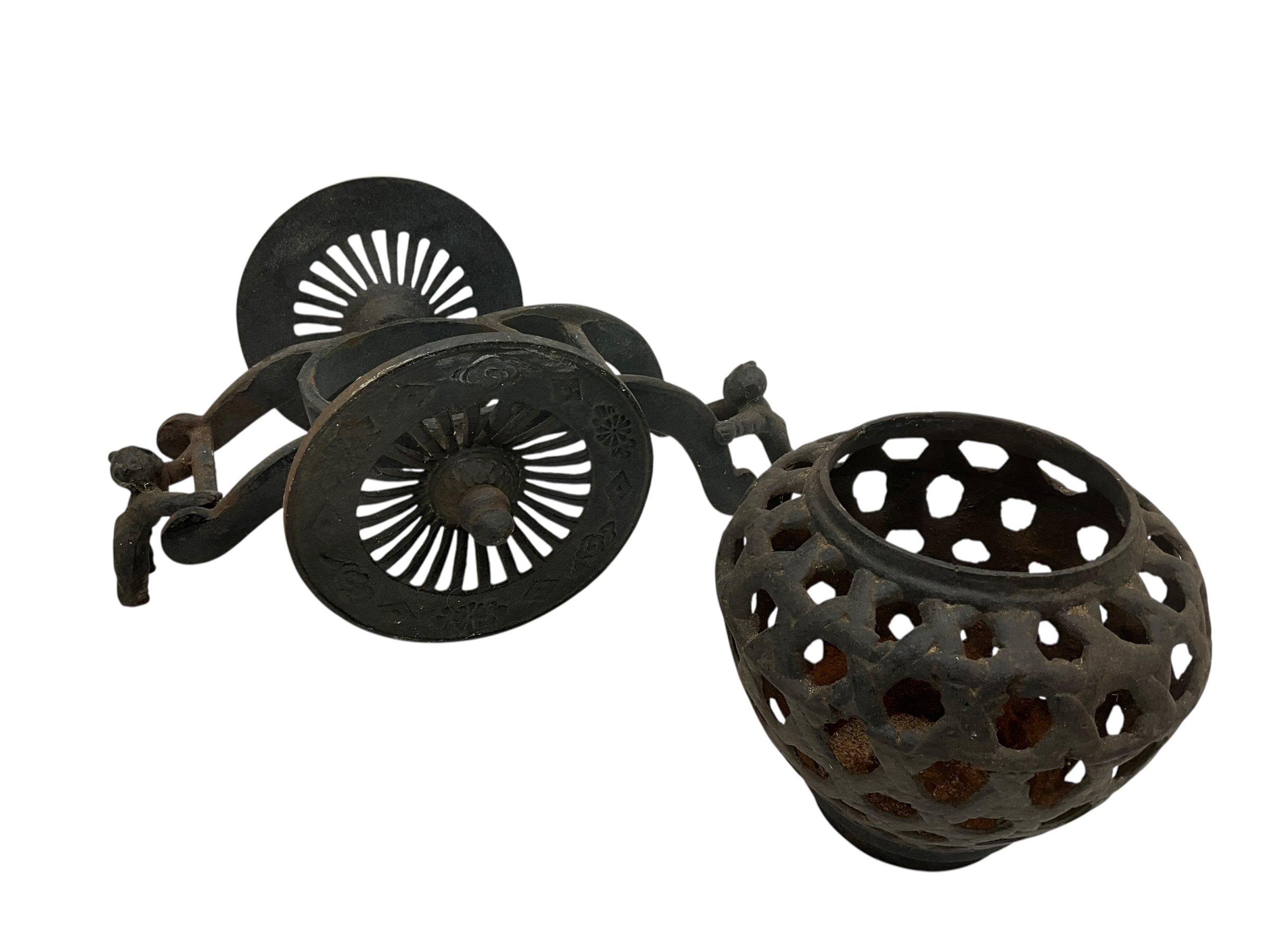 Japanese Cast Iron Reticulated Garden Vase Carriage Planter Candle Holder