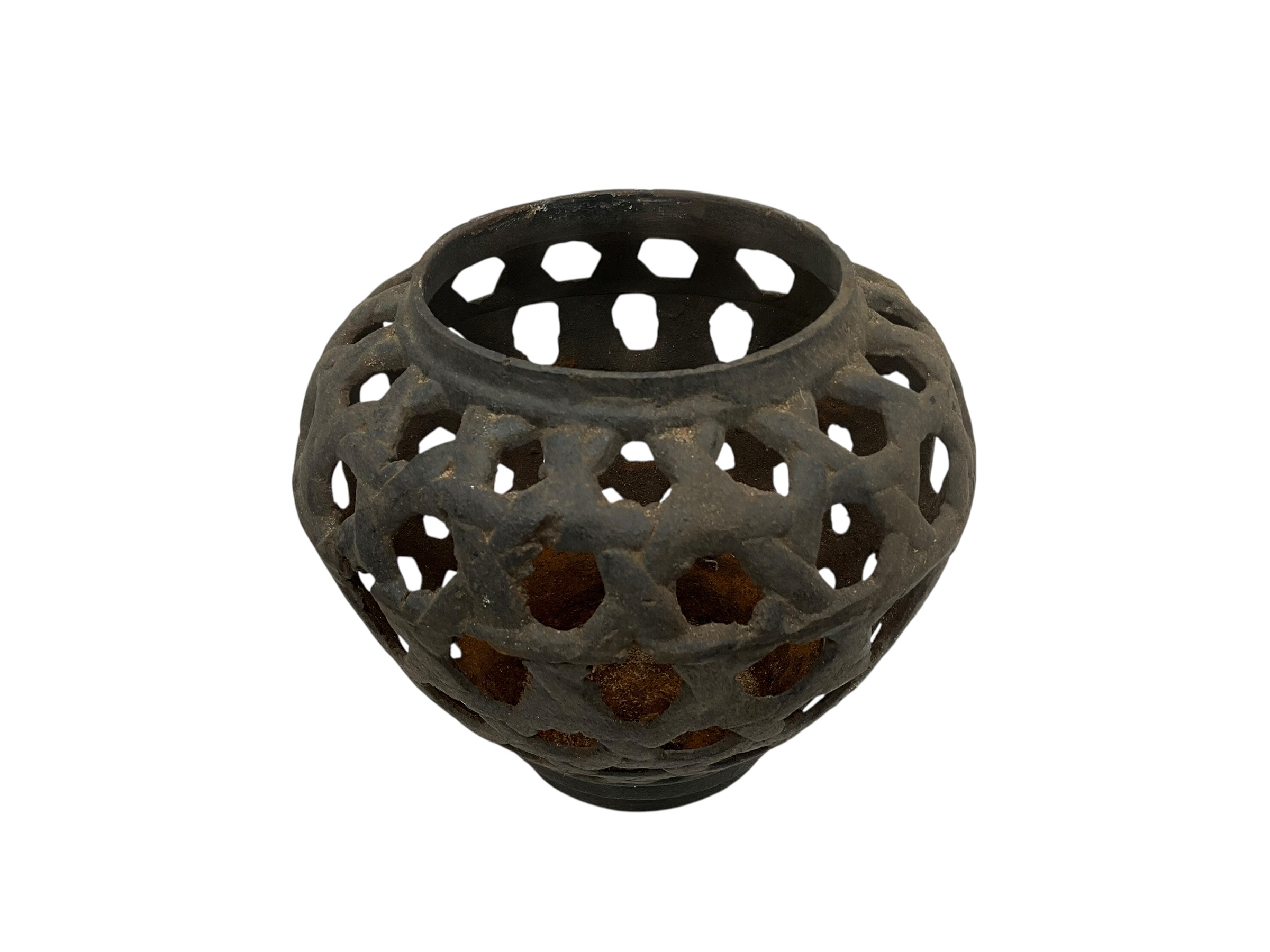 Japanese Cast Iron Reticulated Garden Vase Carriage Planter Candle Holder