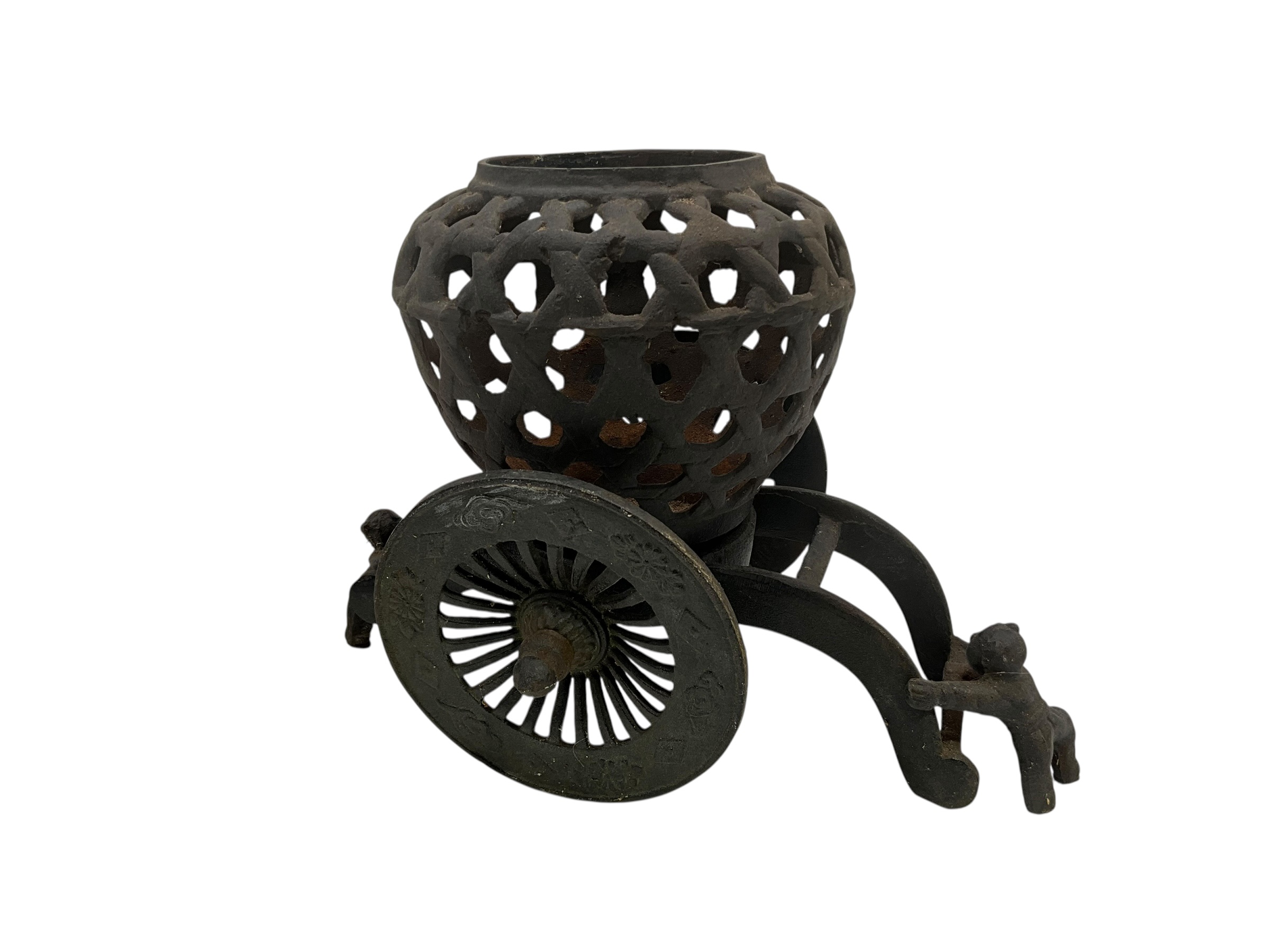 Japanese Cast Iron Reticulated Garden Vase Carriage Planter Candle Holder