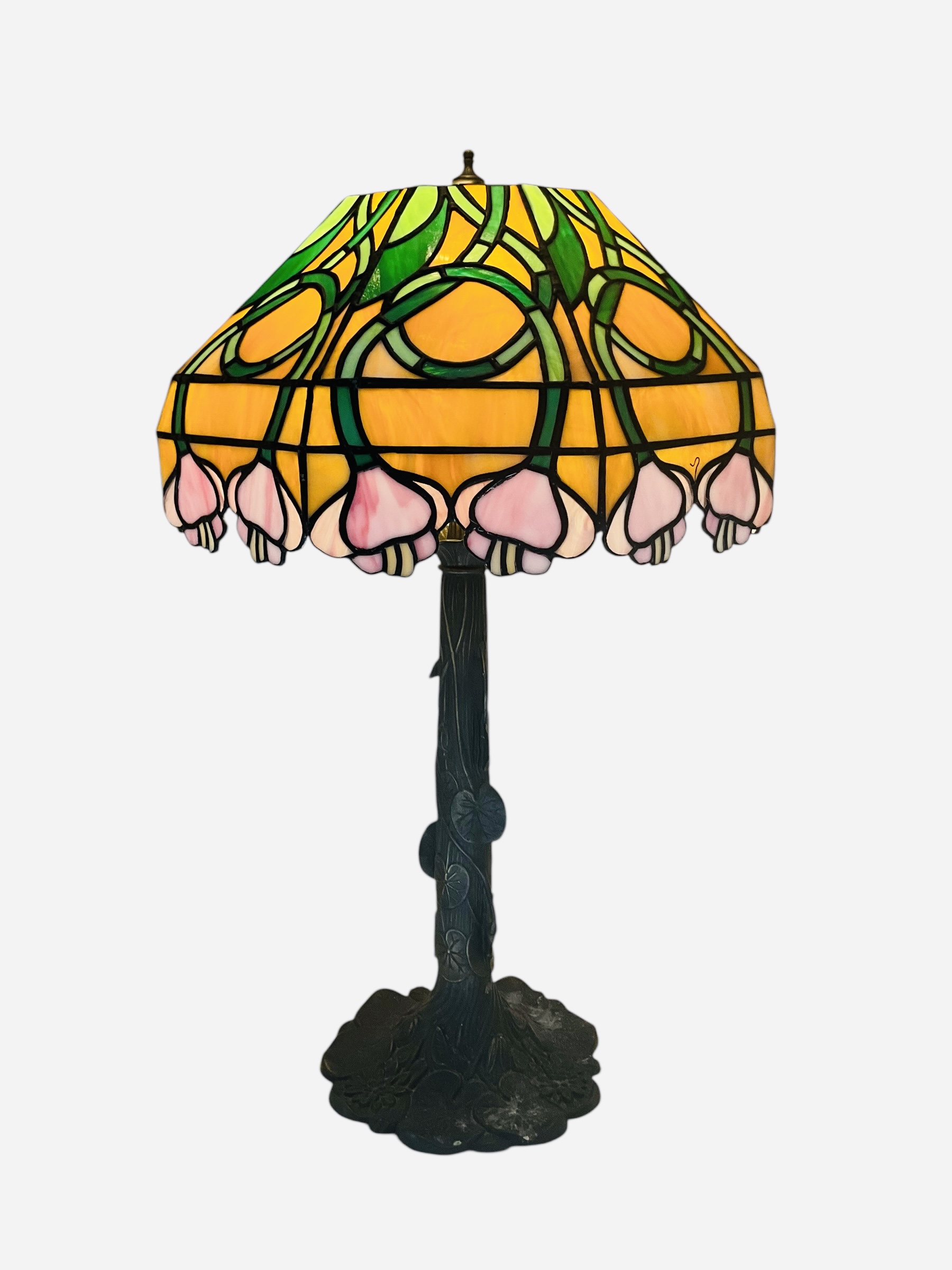 Vintage Stained Glass Shade Table Lamp Tiffany Style Base