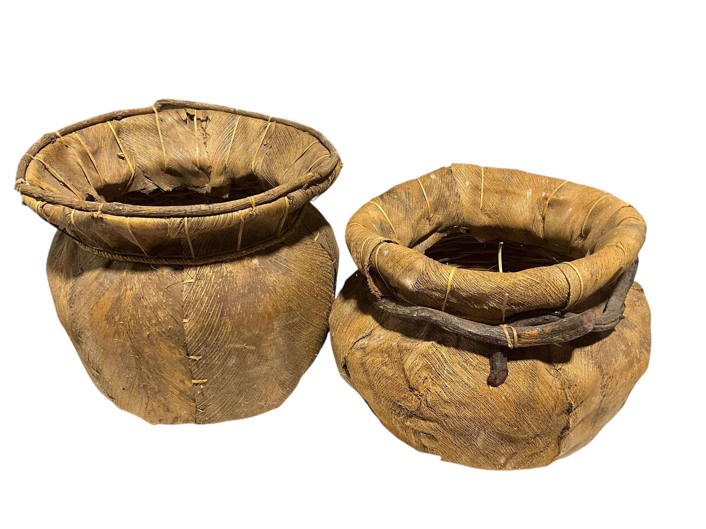 Pair Vintage Basket Primitive Handcrafted Wrapped w/ Banana Leaves Twig