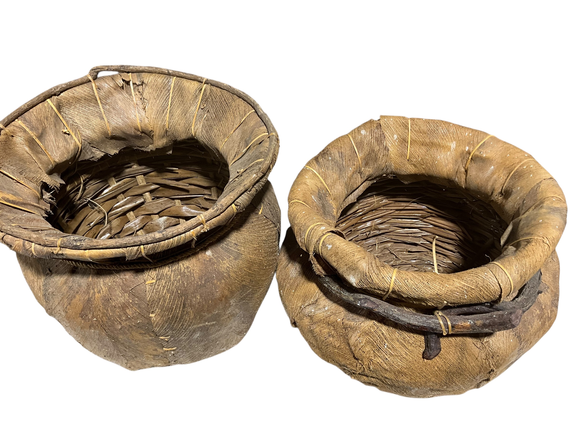 Pair Vintage Basket Primitive Handcrafted Wrapped w/ Banana Leaves Twig