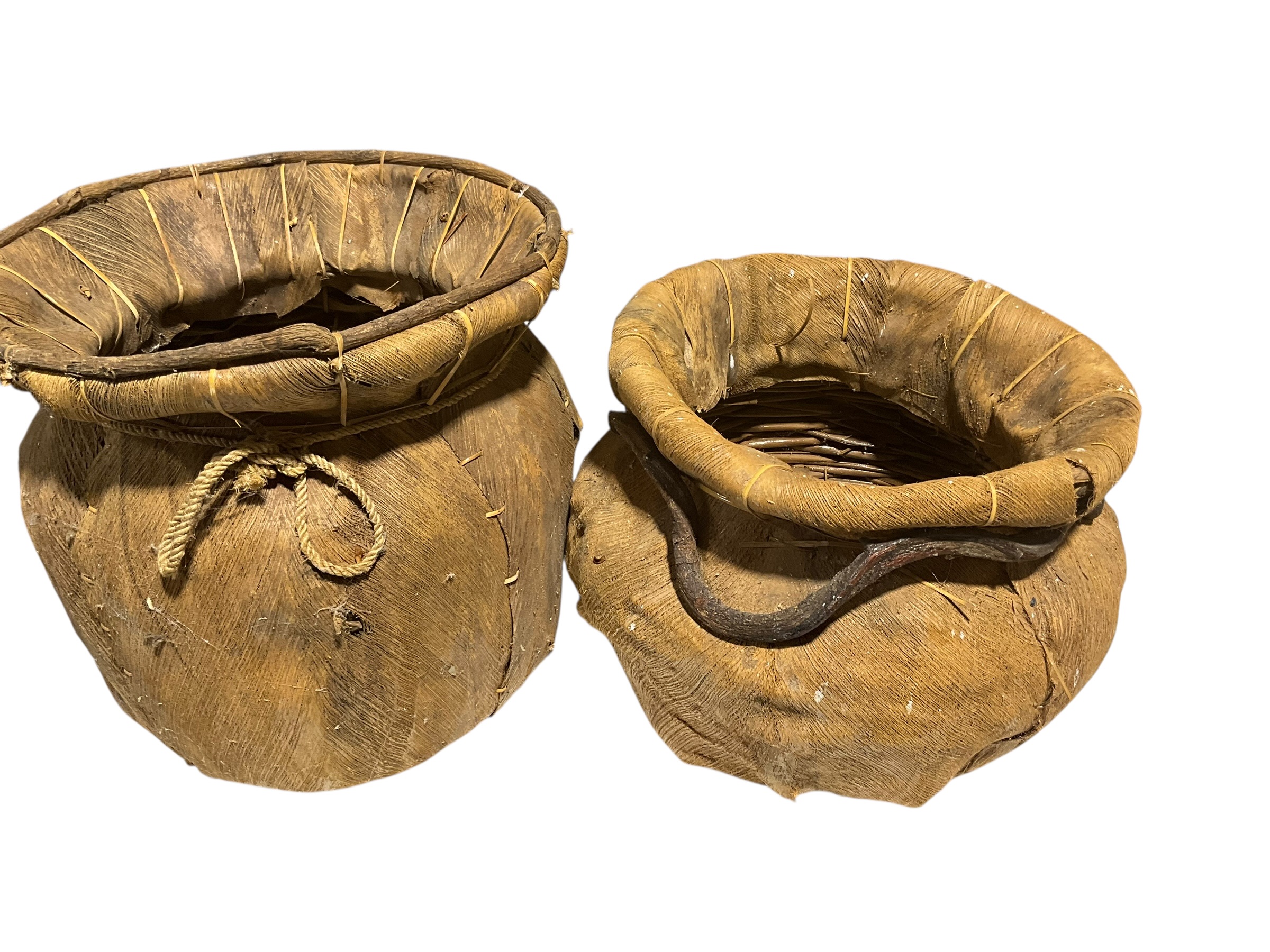 Pair Vintage Basket Primitive Handcrafted Wrapped w/ Banana Leaves Twig