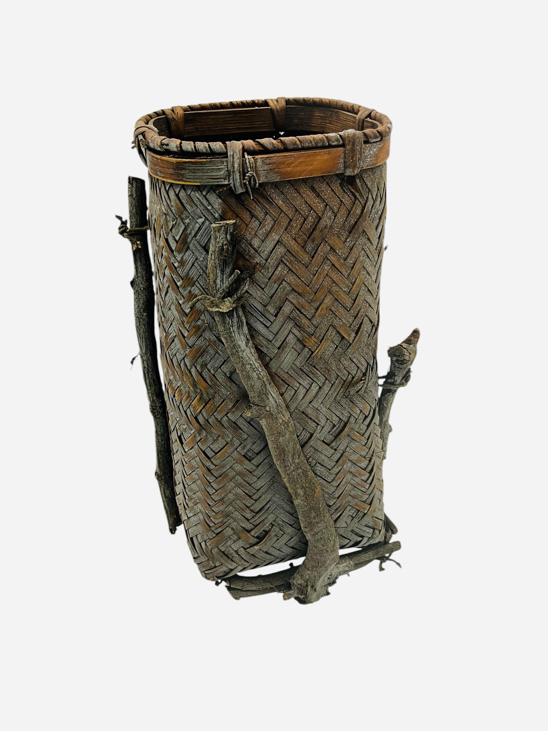 Small Primitive Hand Made Basket With Blue Patina